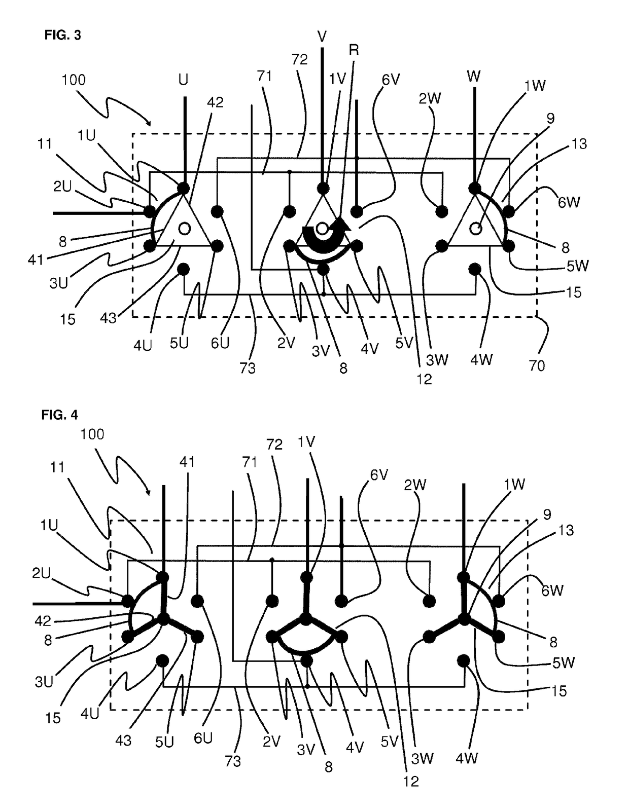 Electrical switching system for a three-phase network