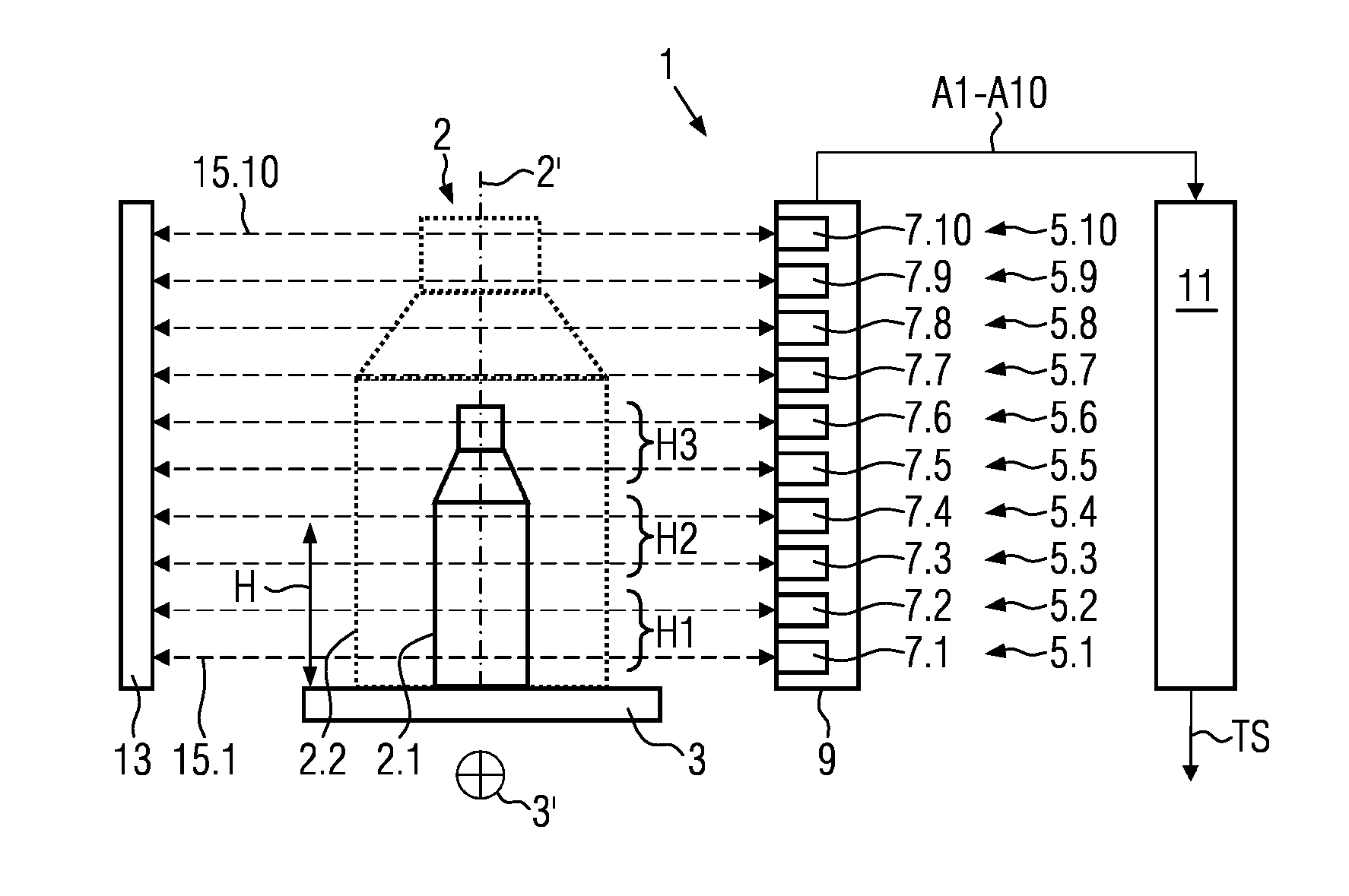 Triggering light grid and method for determining the position of containers