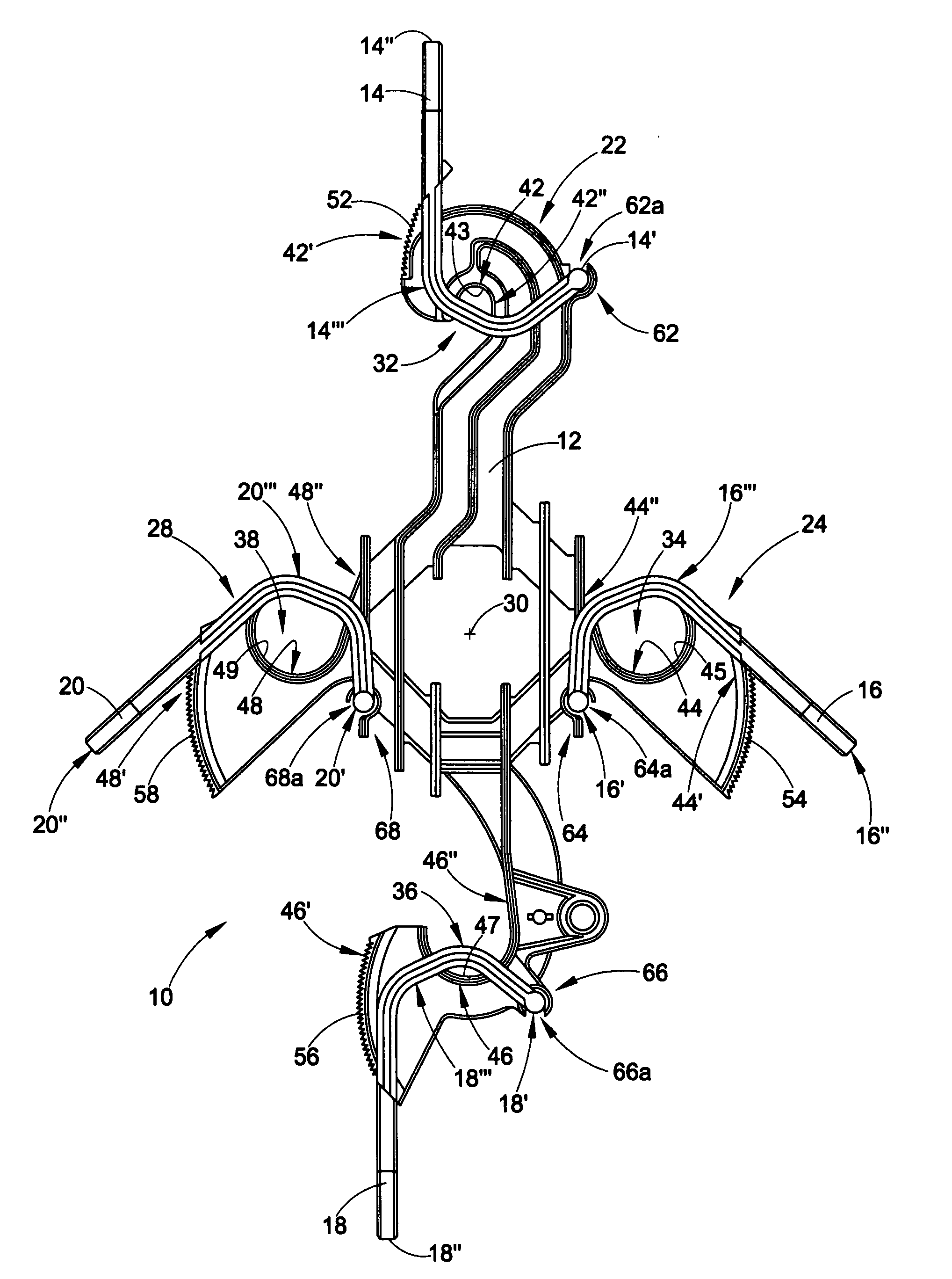 Aerial cable spacer with cable retaining arm having non-rectangular plus-shaped cross section and angled pawl locking member