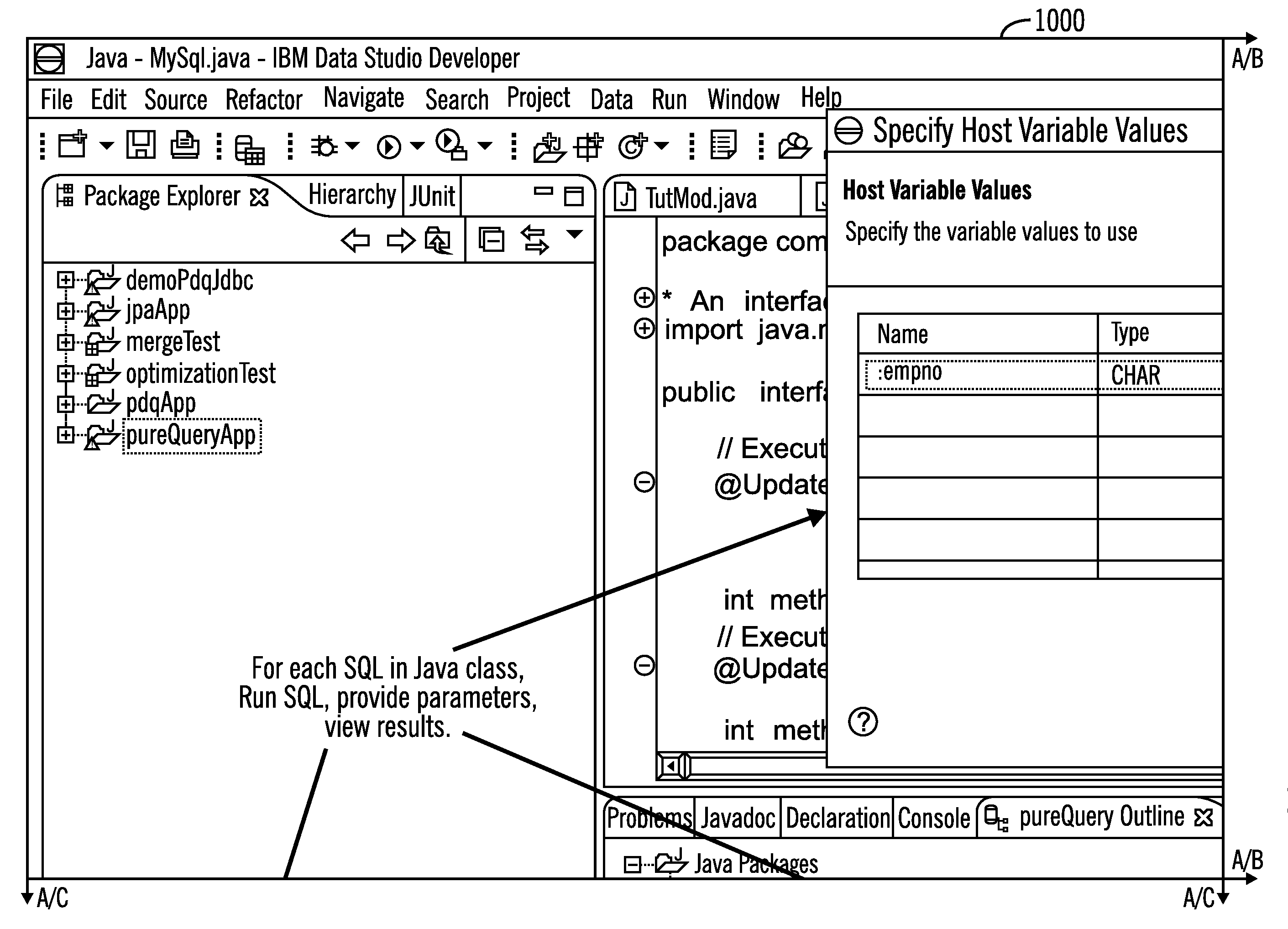 Correlating queries  issued by applications with their source lines and analyzing applications for problem determination and where used analysis