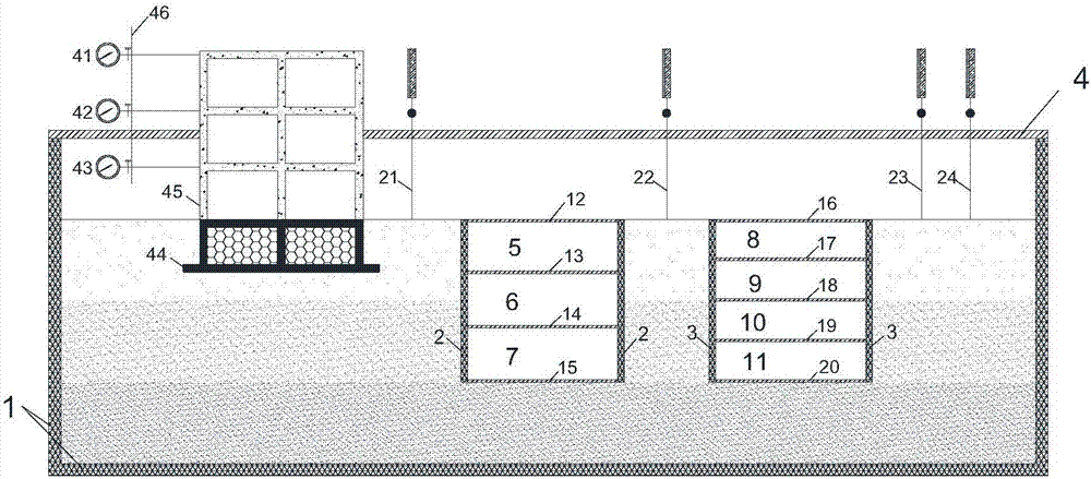 Model testing device of influence on deformation of adjacent buildings by foundation pit group excavation