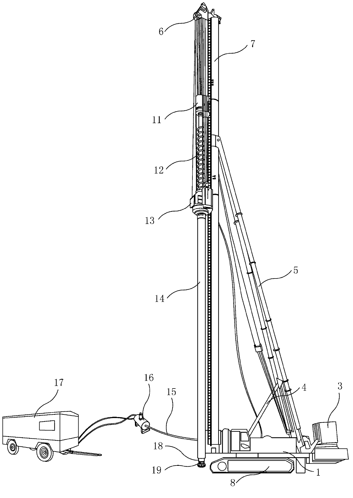 Device for drilling rock and embedding rock-socketed prestressed pipe pile by down-hole hammer and construction method of device