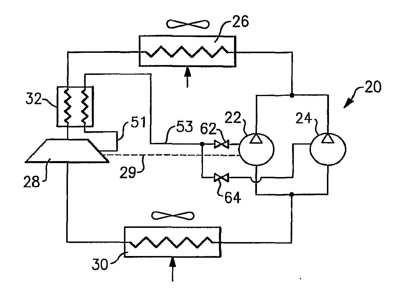 Co2 refrigerant system with tandem compressors, expander and economizer