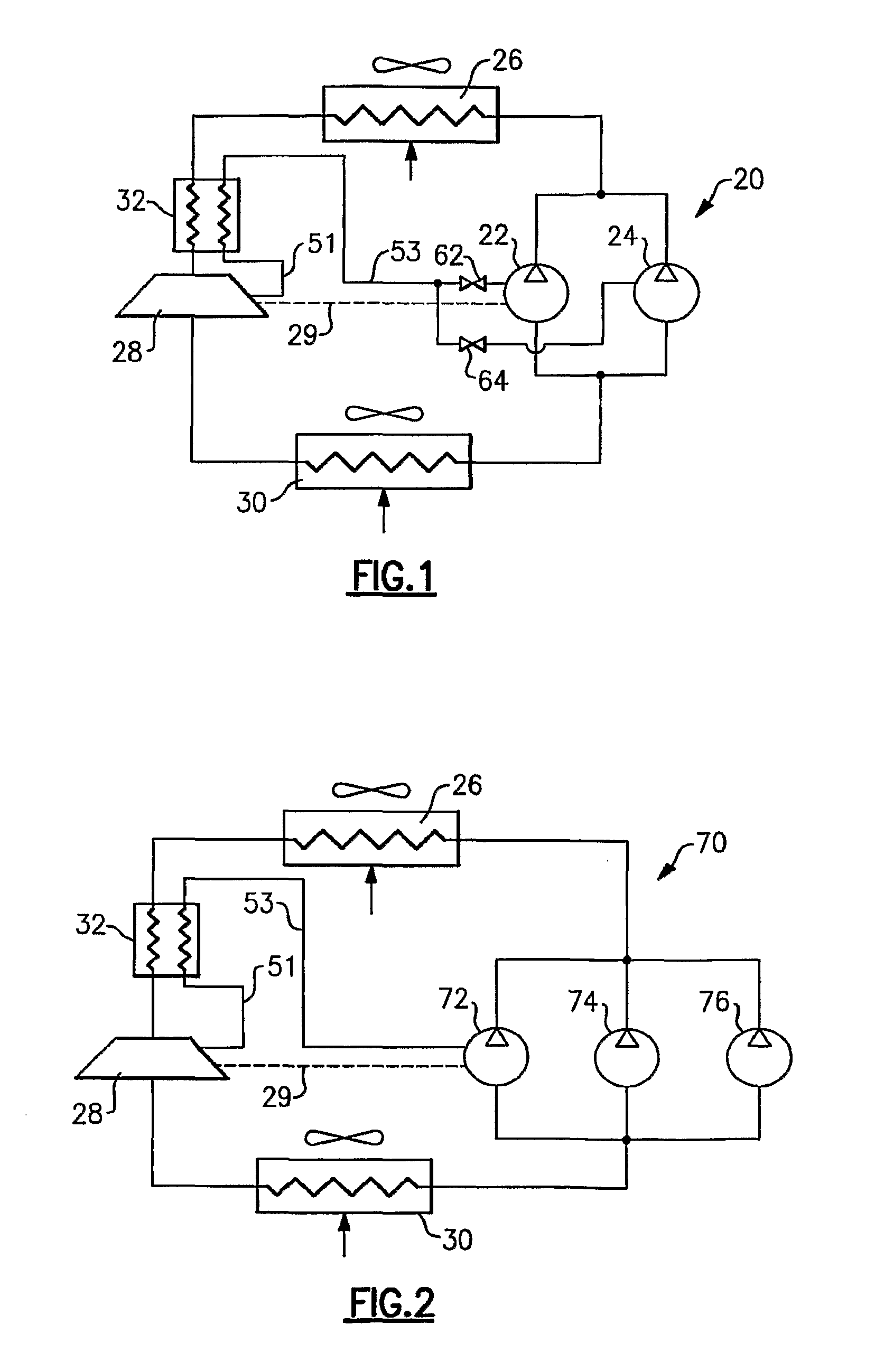 Co2 refrigerant system with tandem compressors, expander and economizer