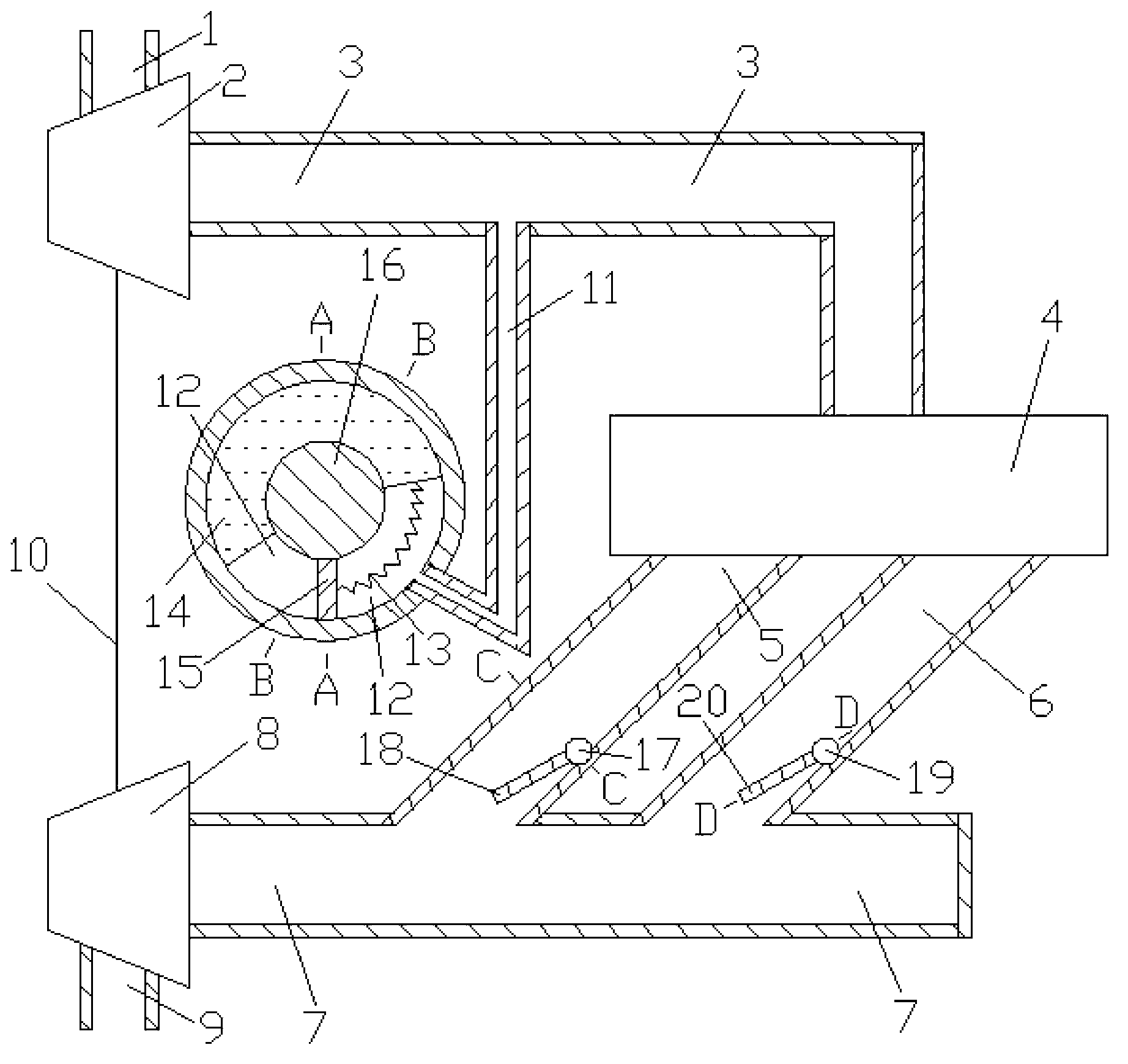 Exhaust branch pipe outlet area regulating mechanism with chains