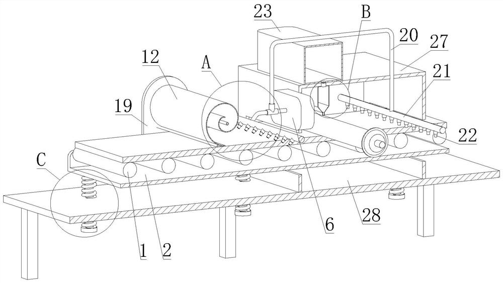 Gluing device for wood-plastic floor production