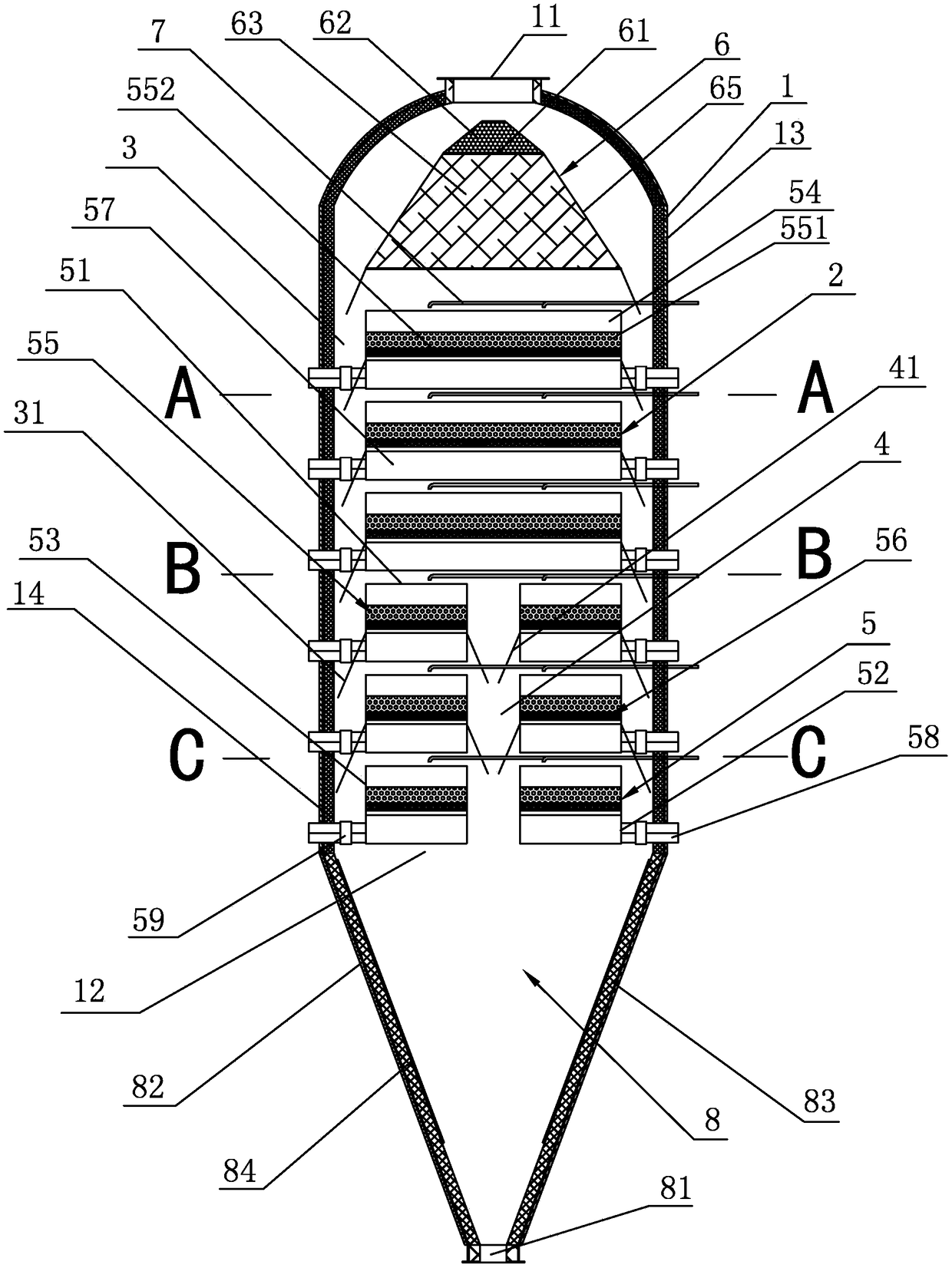 A granular bed filter dust removal device