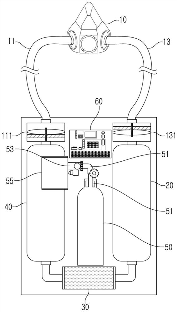 Rebreathing apparatus having inhaled oxygen mixing and exhaled carbon dioxide removal functions by electronic control