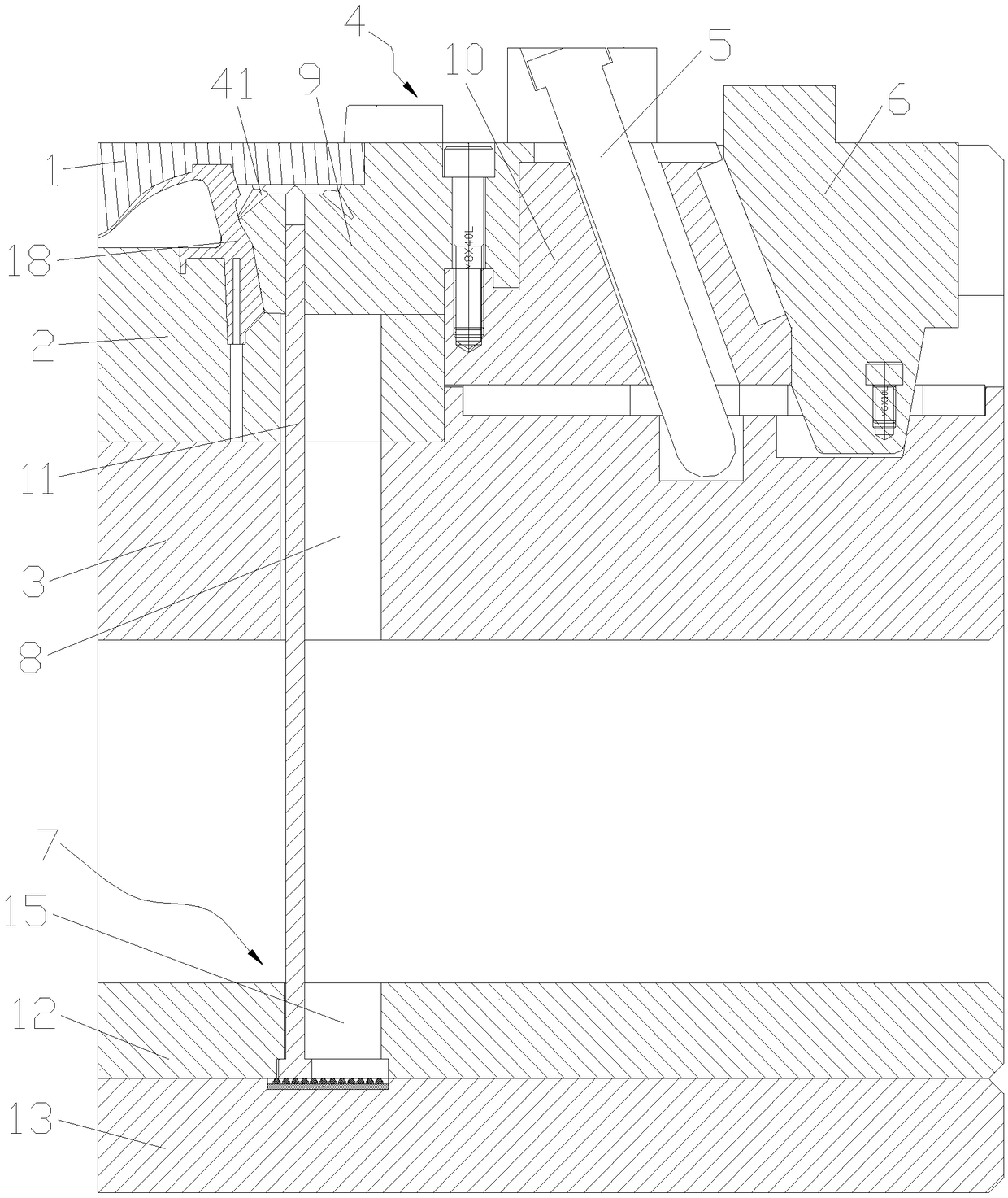 Die with ejection needle on sliding block