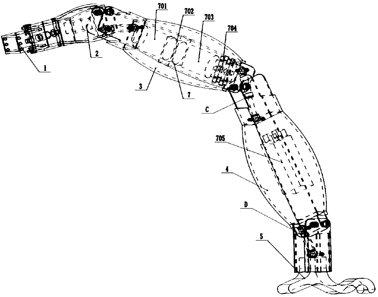 Three-joint bionic mechanical leg capable of being assembled conveniently with autonomous distribution power