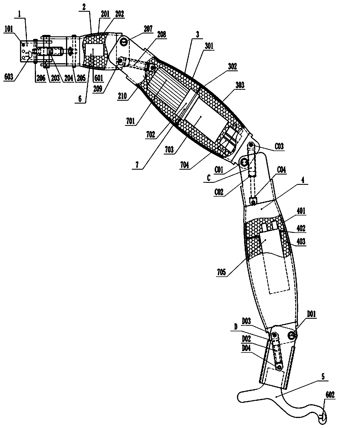 Three-joint bionic mechanical leg capable of being assembled conveniently with autonomous distribution power