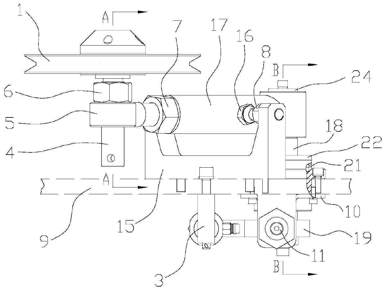 Guide wheel device with three adjustable degrees of freedom