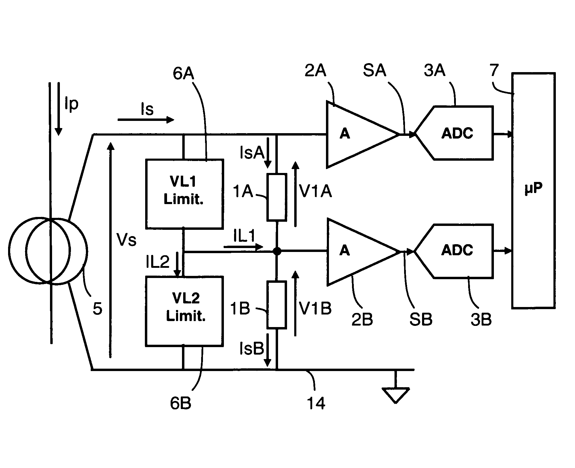 Current measuring device and processing unit comprising one such device