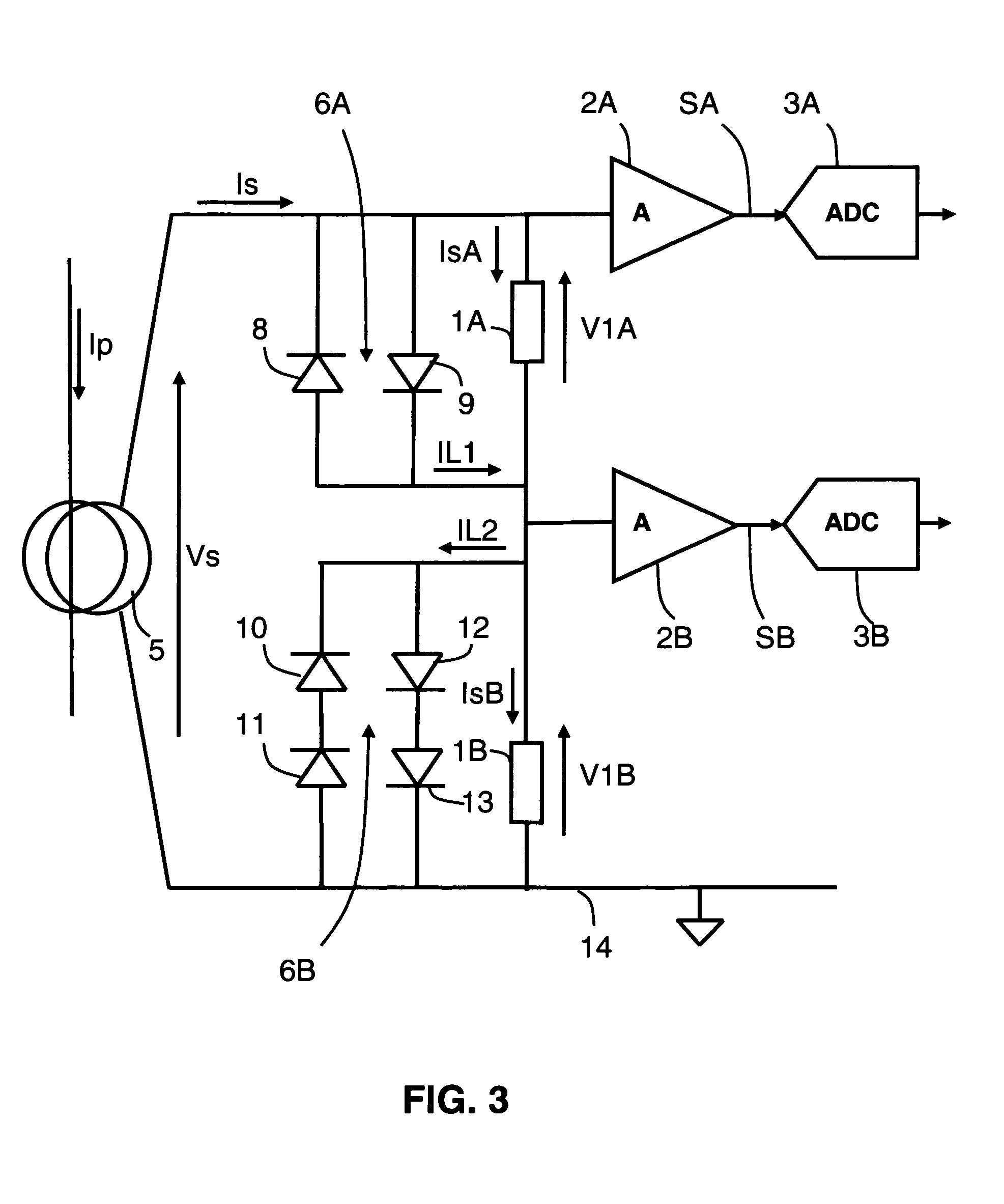 Current measuring device and processing unit comprising one such device