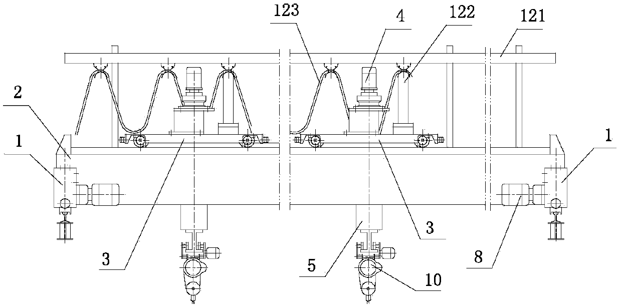 Cantilever crane with two travelling trolleys and anti-tipping end beams