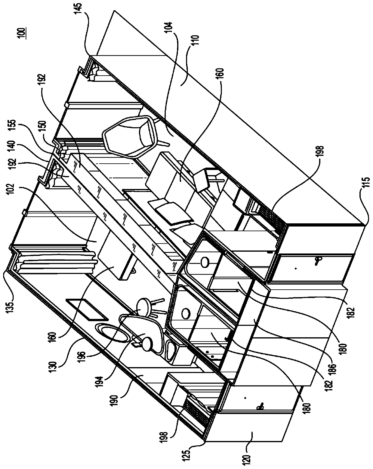 Double-cabin featuring an angular wall