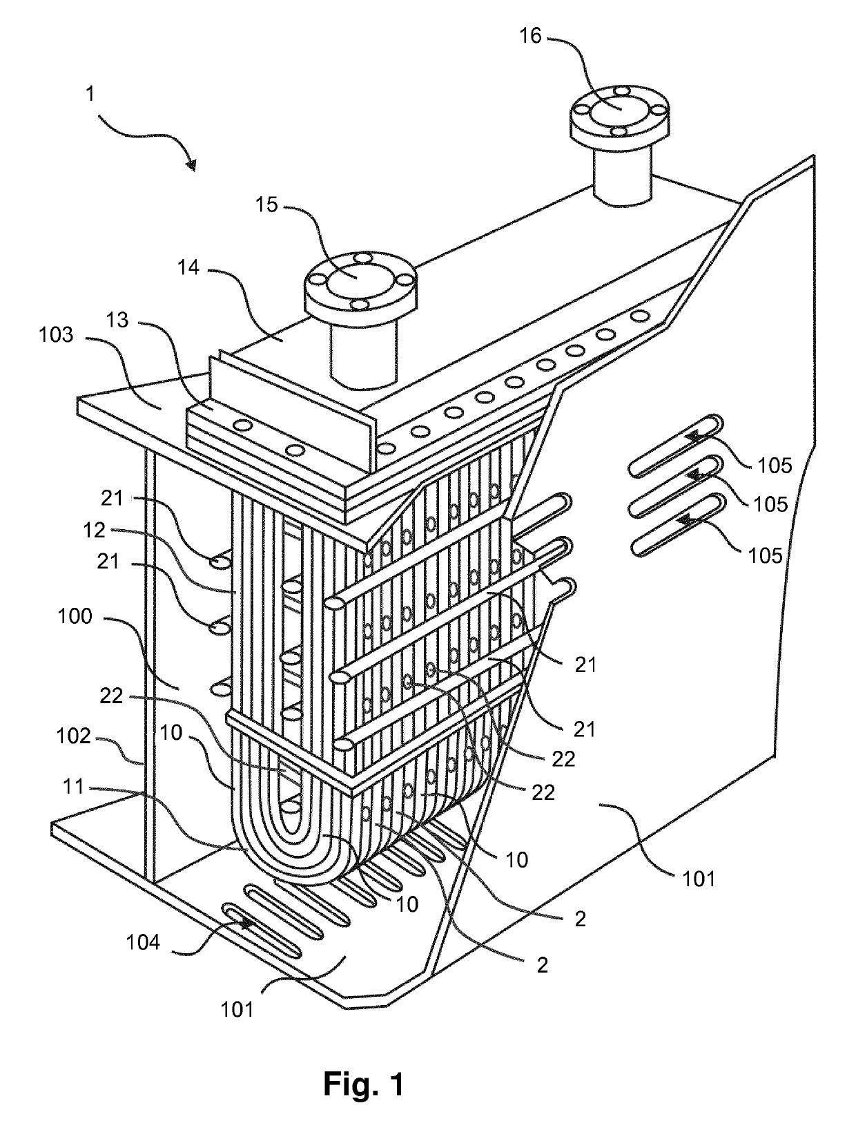 Cooling apparatus for cooling a fluid by means of surface water