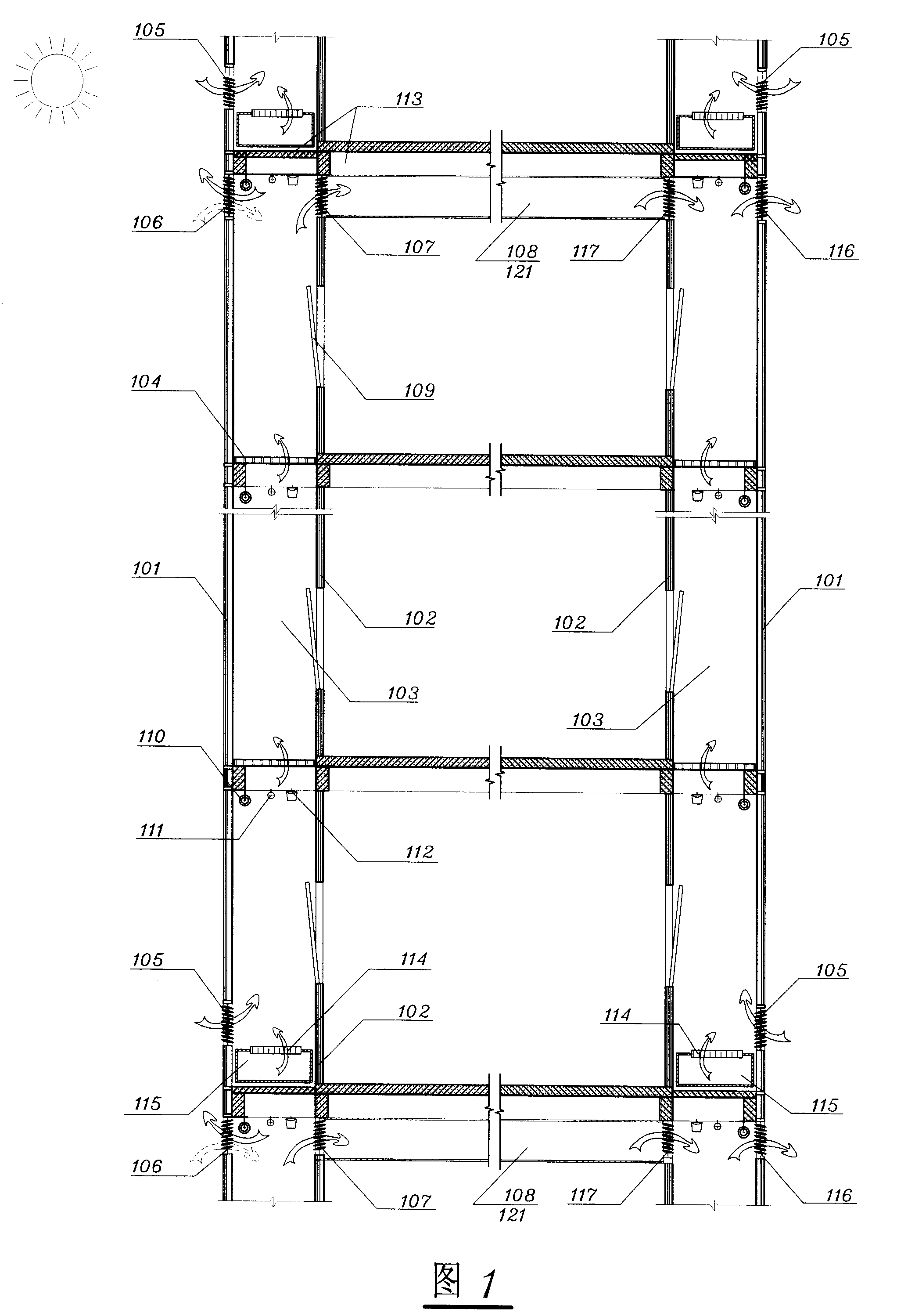 Double layer glass curtain aeration technology and method and structure