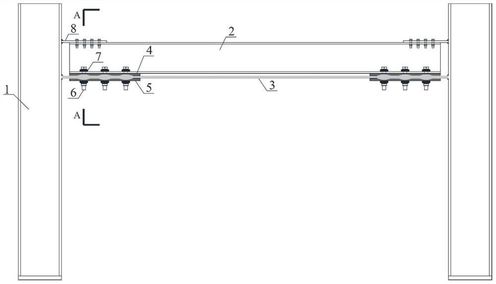 Steel frame with friction energy dissipation self reset device in beam