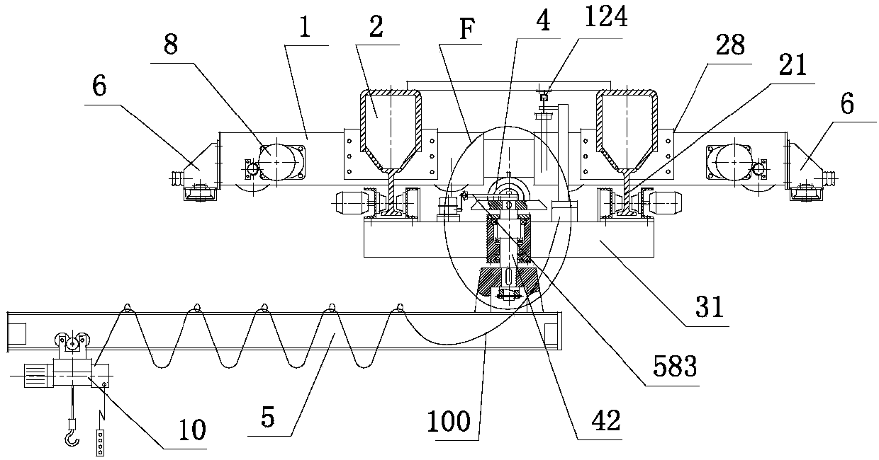 Anti-tipping double-beam crane with suspension end beam trolley and balance end beams