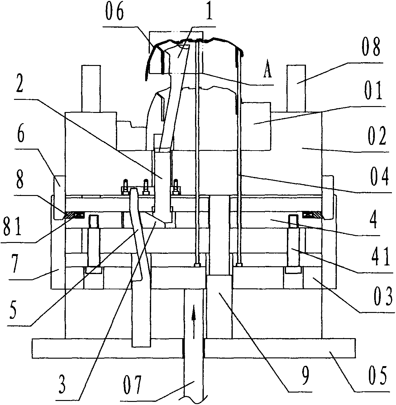 Secondary core-pulling and ejection demoulding device by asynchronous inclined downward ejection