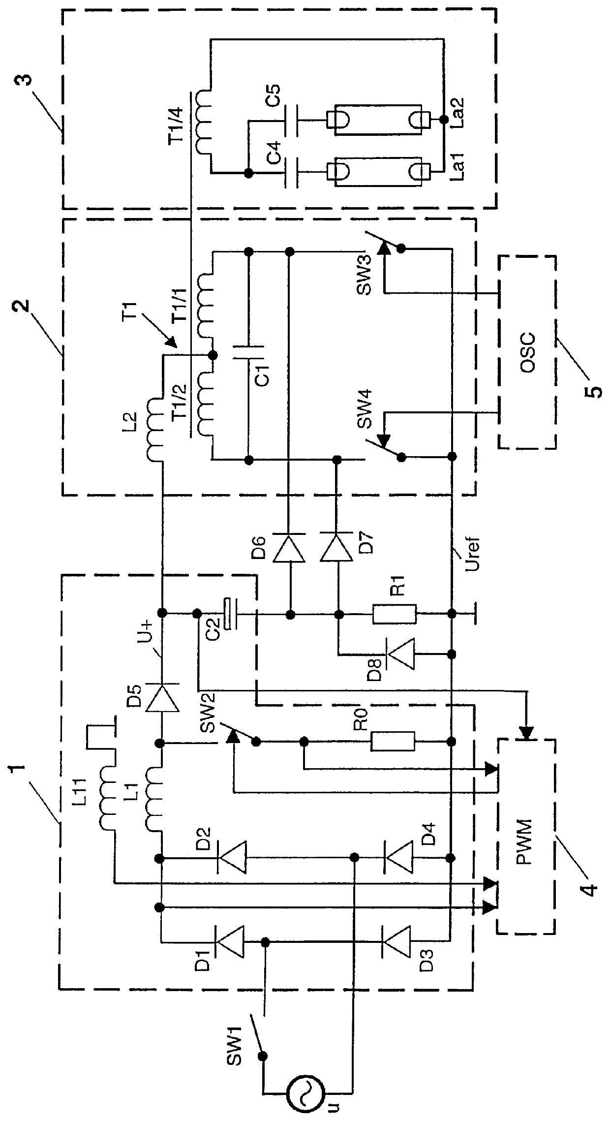 Electronic ballast with inrush current limiting