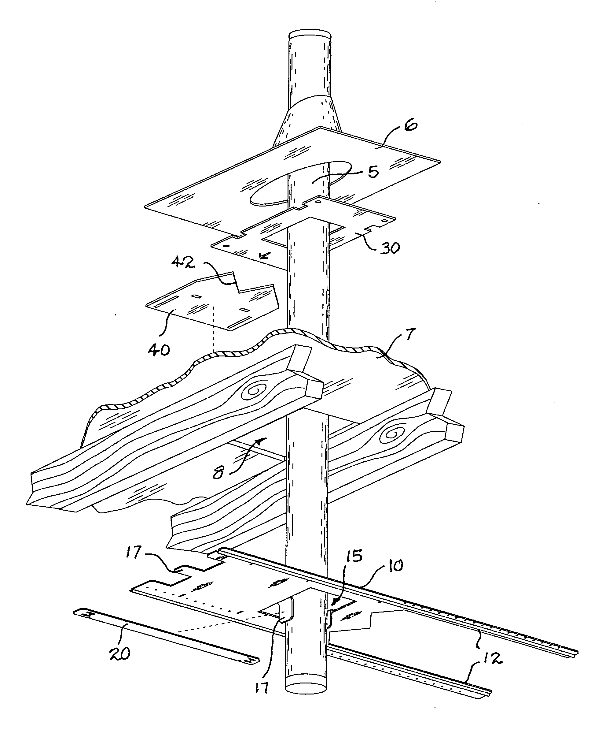 Break-apart assembly for supporting an exhaust flue