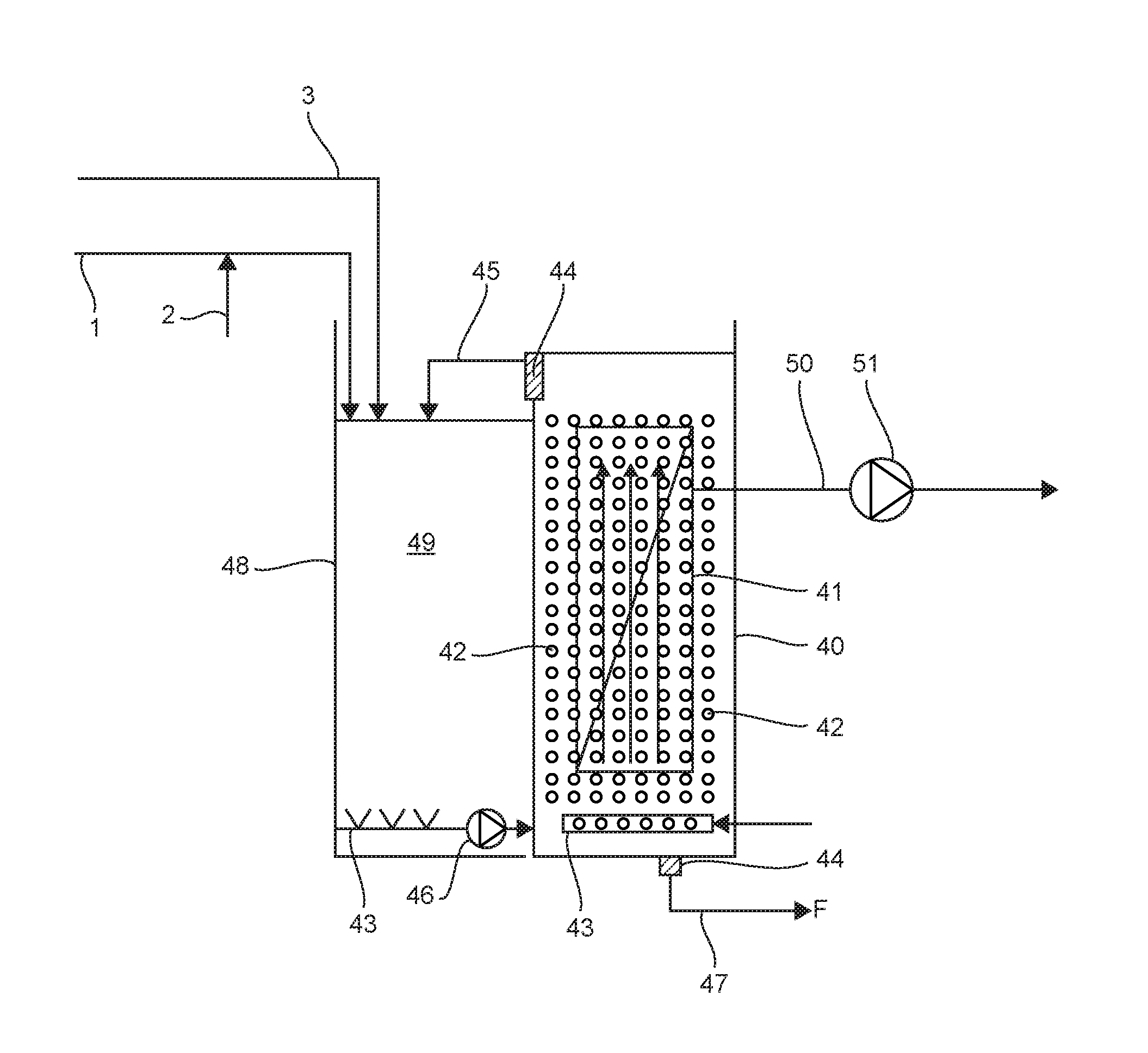 Membrane water treatment factility and method incorporating adsorption on an adsorbent powdered material and means for limiting the abrasion of the membranes