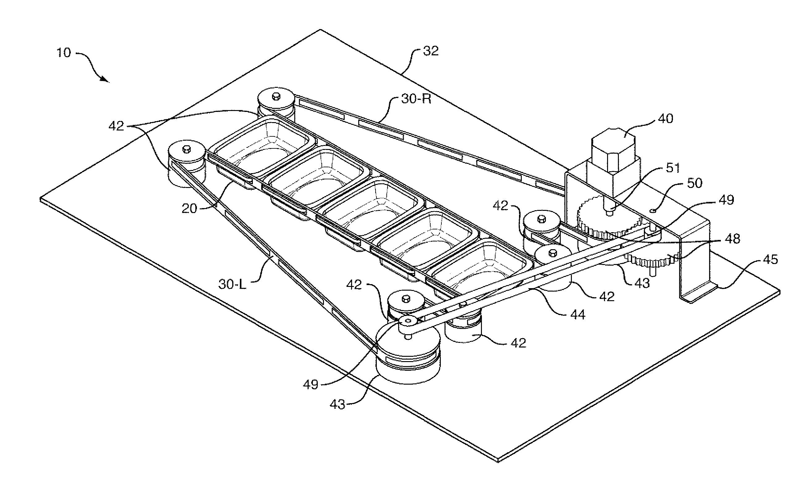 Package conveyor for continuous process microwave applicator