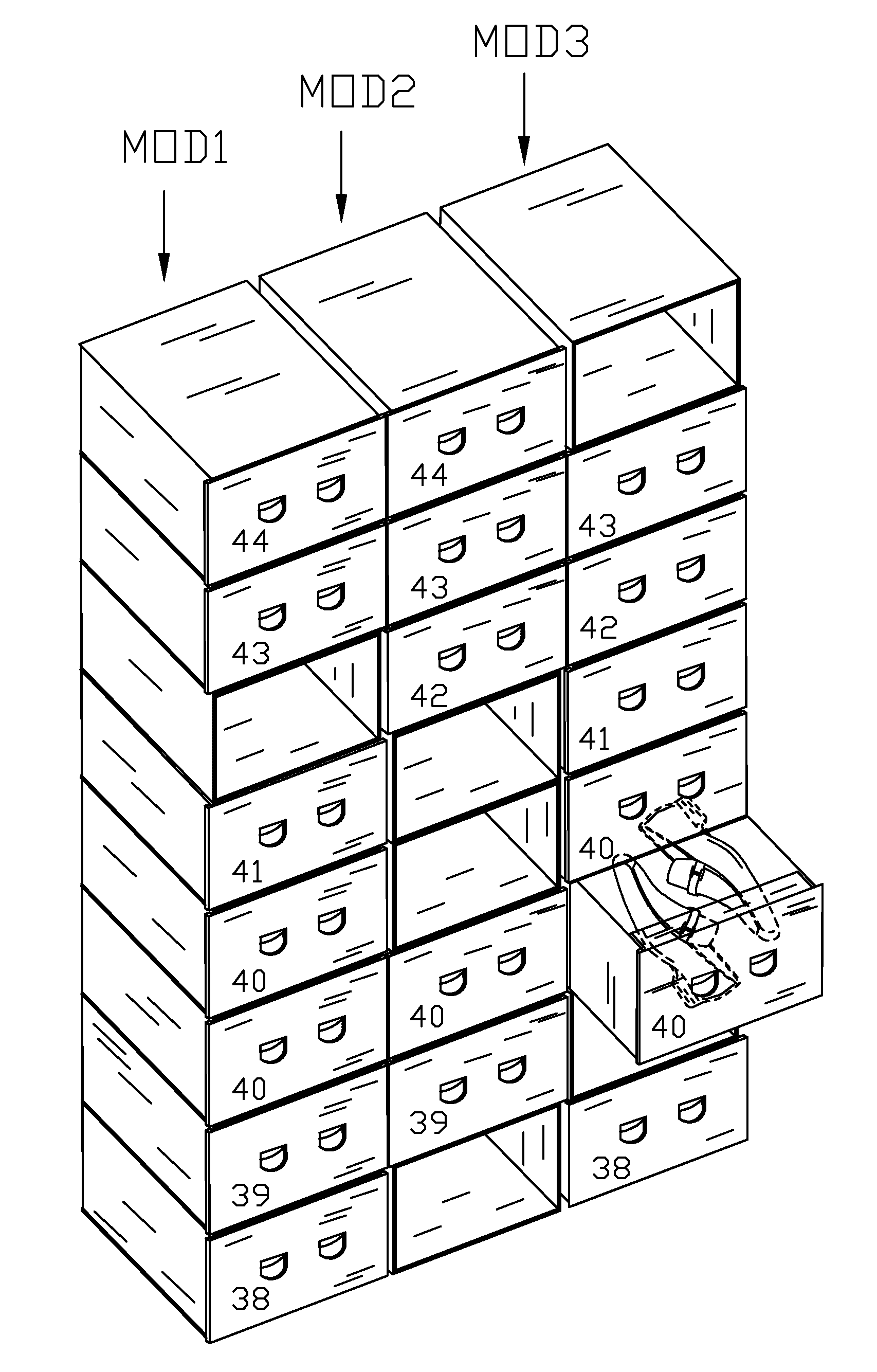 Modular cardboard container for objects requiring easy inspection, consisting of a stackable interchangeable hollow part or "tunnel" and and a pull-out drawer