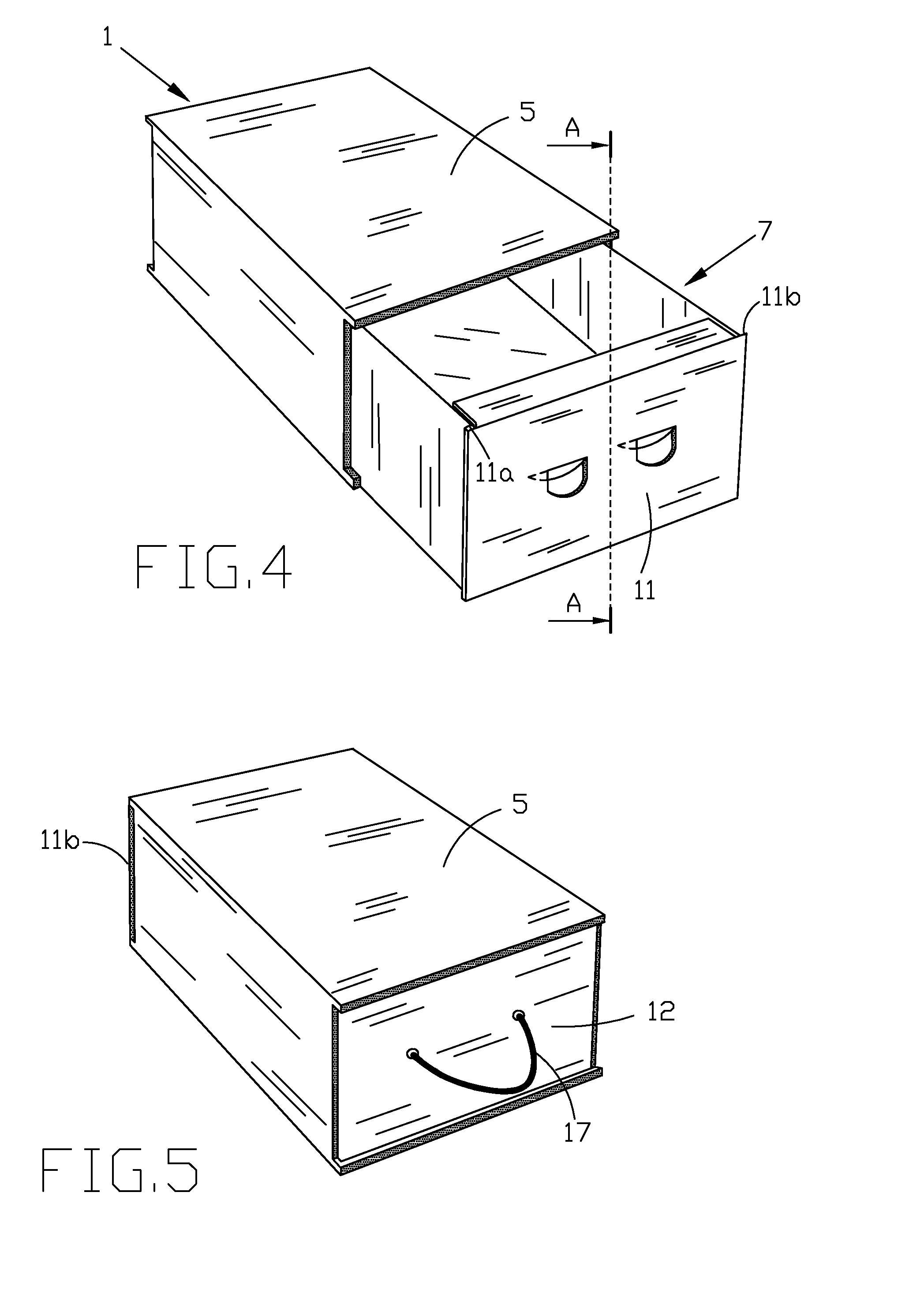 Modular cardboard container for objects requiring easy inspection, consisting of a stackable interchangeable hollow part or "tunnel" and and a pull-out drawer