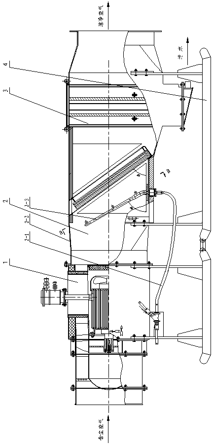 Baffle wet dust removal fan with water flow atomizing systems