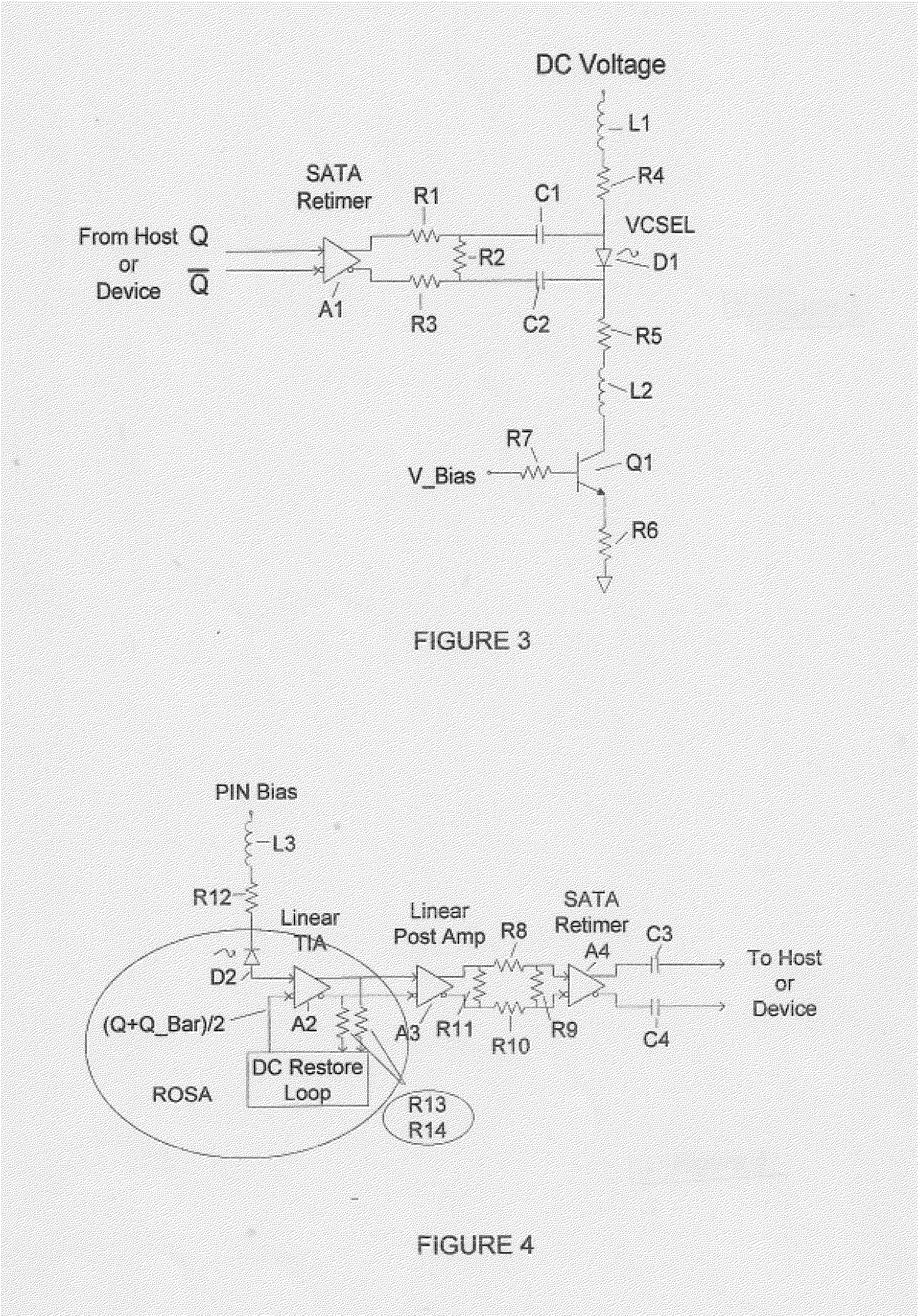 Device for sending and receiving SATA signals over an optical fiber link