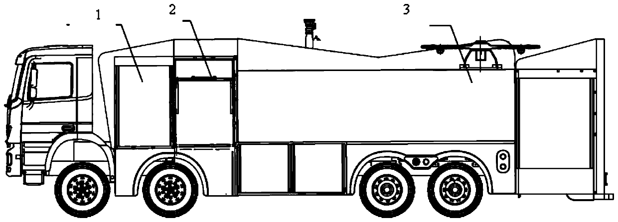 Fire fighting truck carrying fire extinguishing robot and unmanned aerial vehicle with protective system at same time