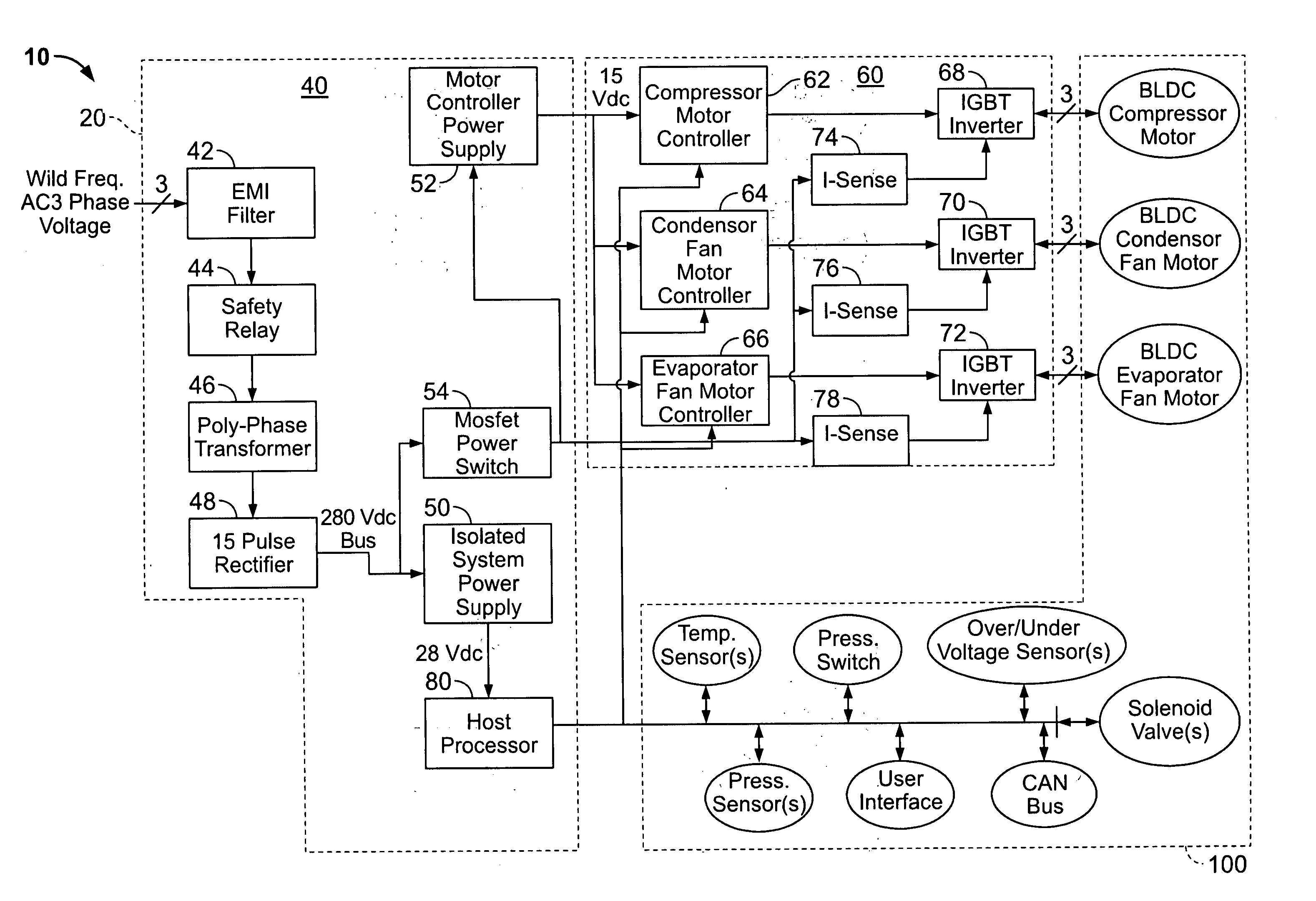 Wild frequency avionic refrigeration system and controller therefor