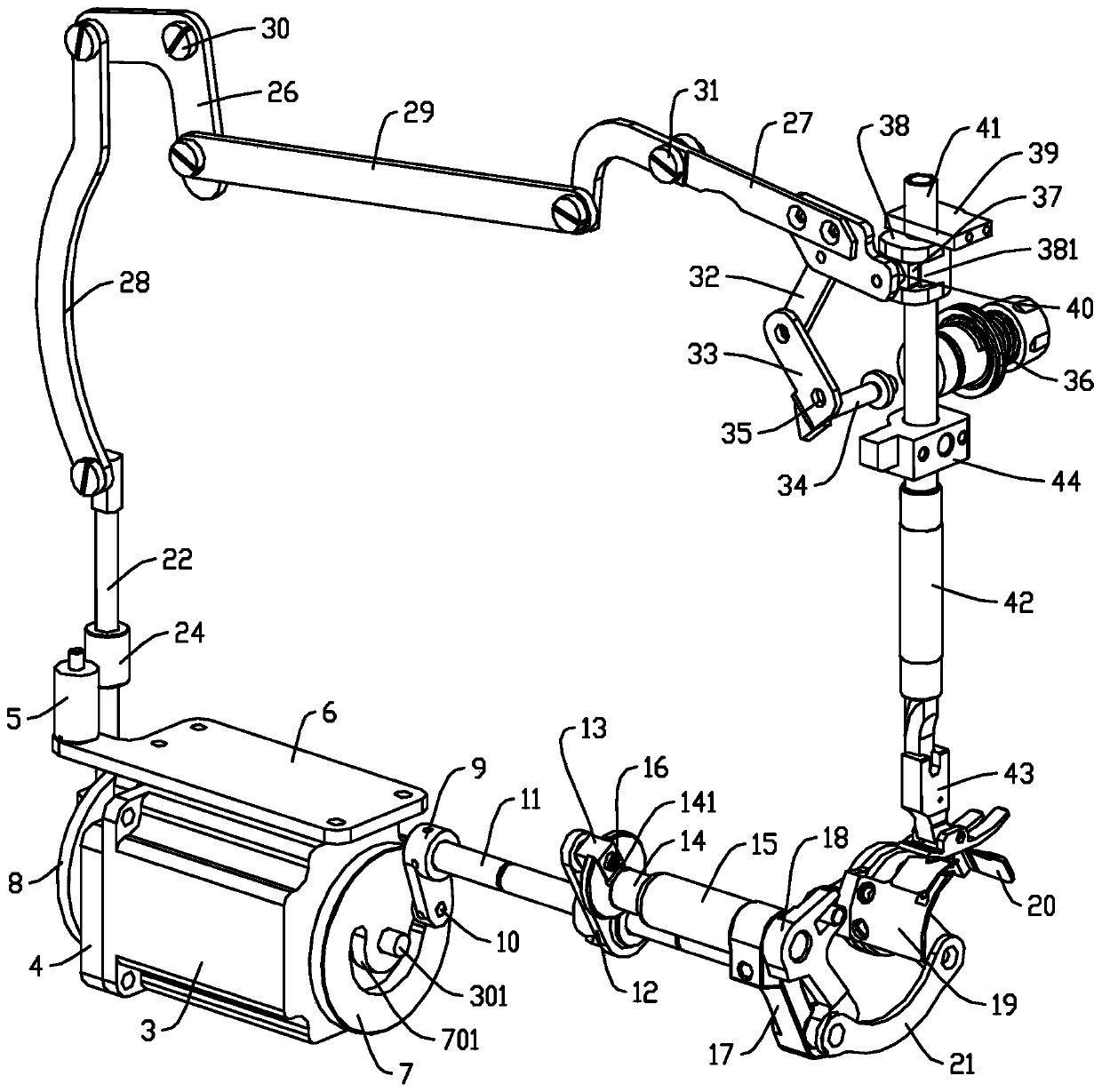 Thread trimming/loosening foot-lifting/pressing device for sewing machine, and sewing machine