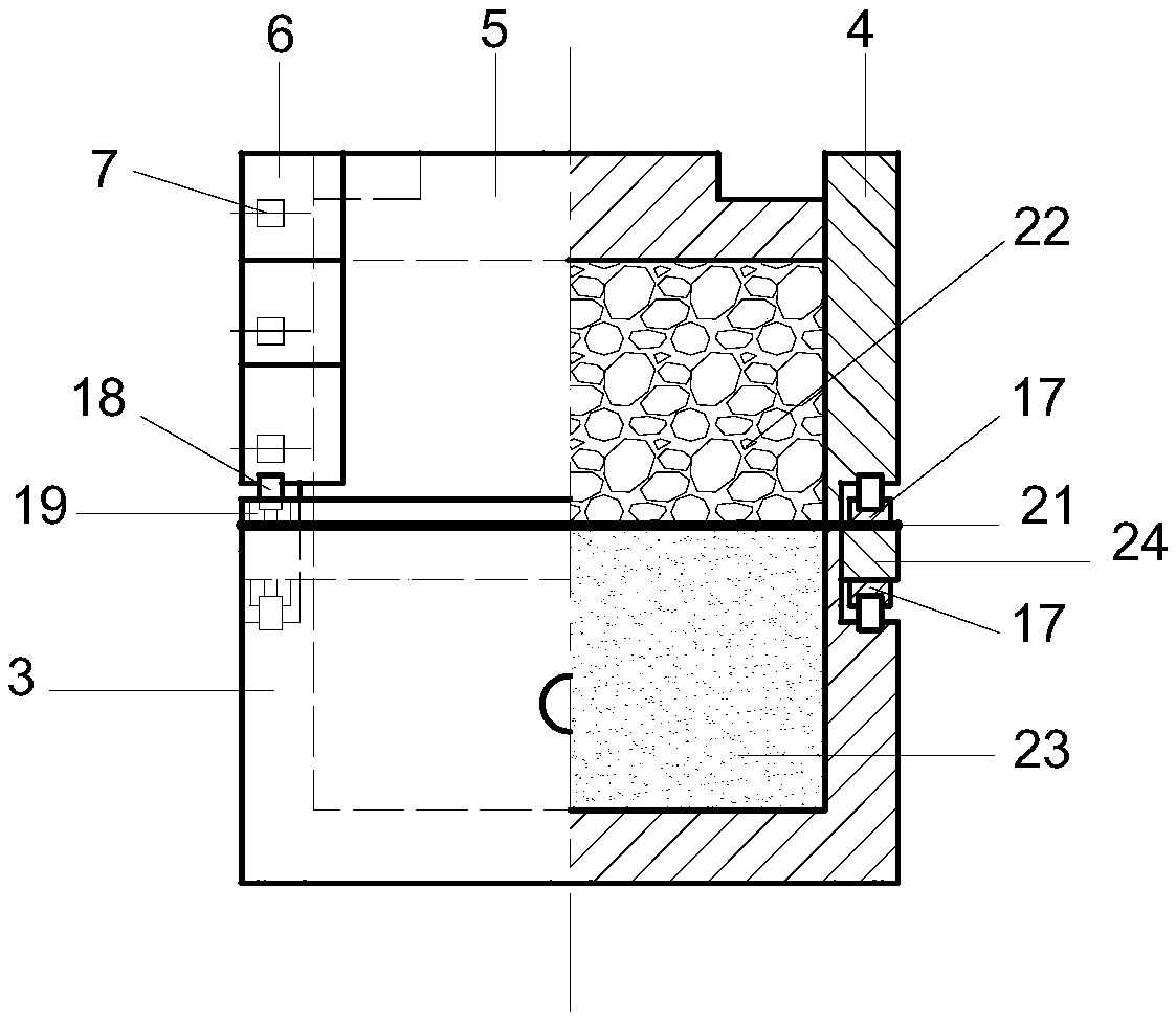 A flexible tensile geomembrane and soil double-sided contact cycle shear test device and test method