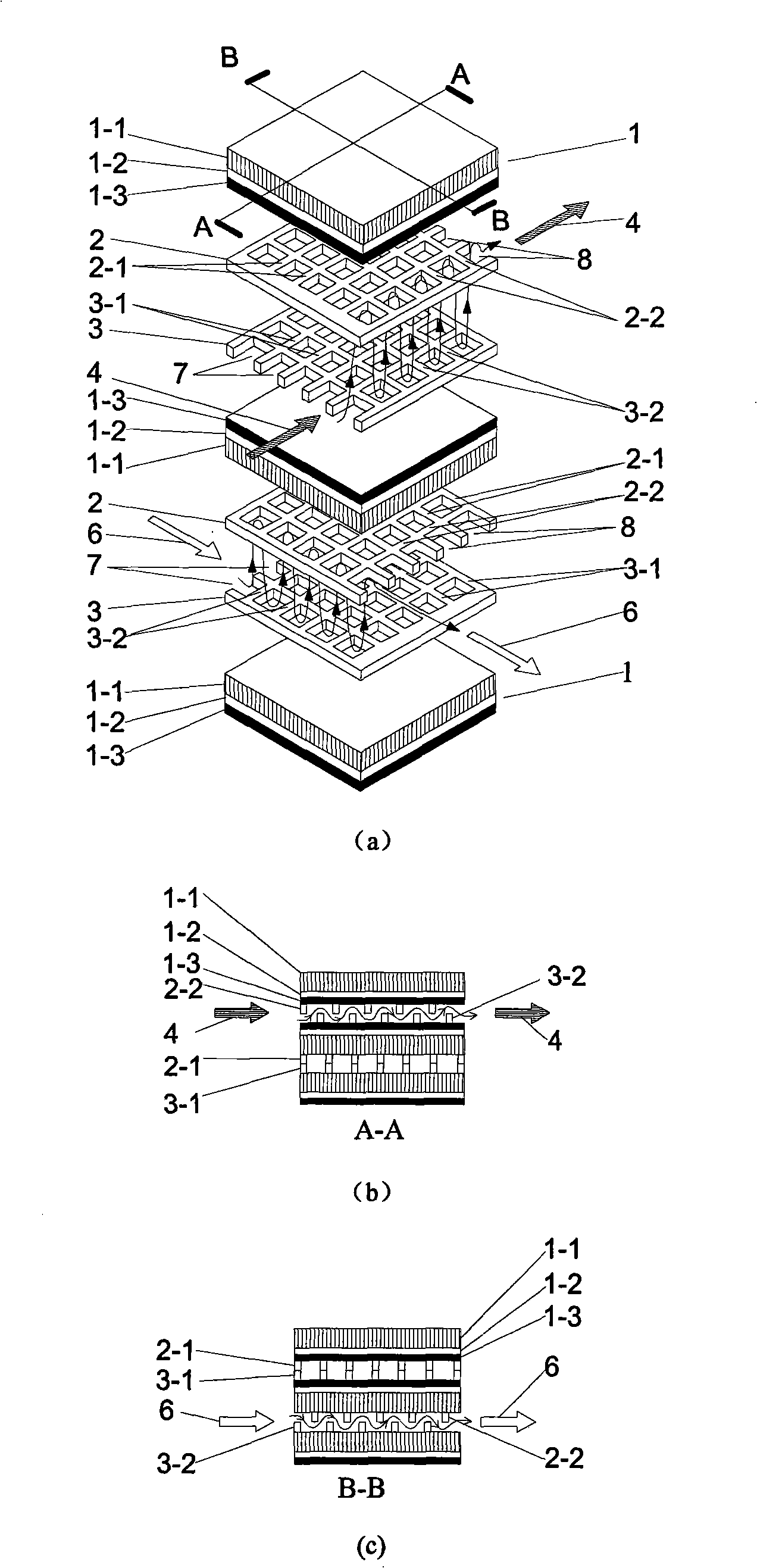 Flat-plate solid-oxide fuel battery stack for double-layer connector