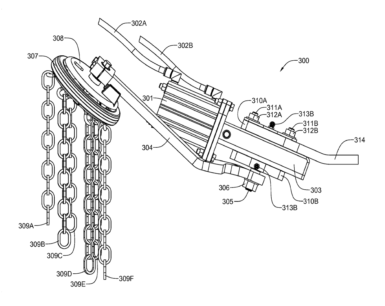 Pneumatically-operated rigid linear chain and sprocket actuator for deploying a vehicle snow chain traction system