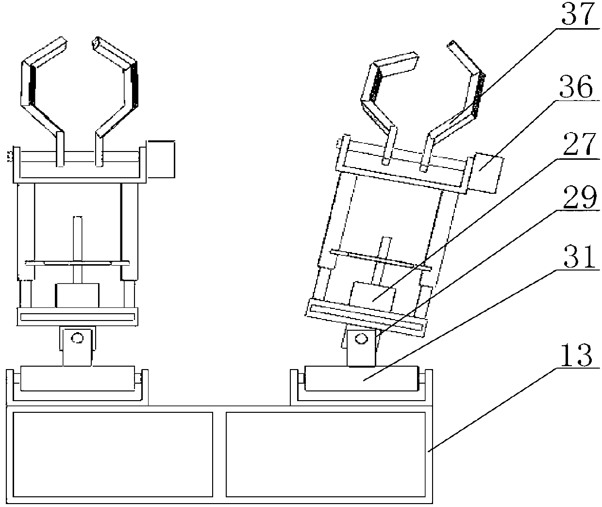 Overturning and climbing robot with two telescopic arms