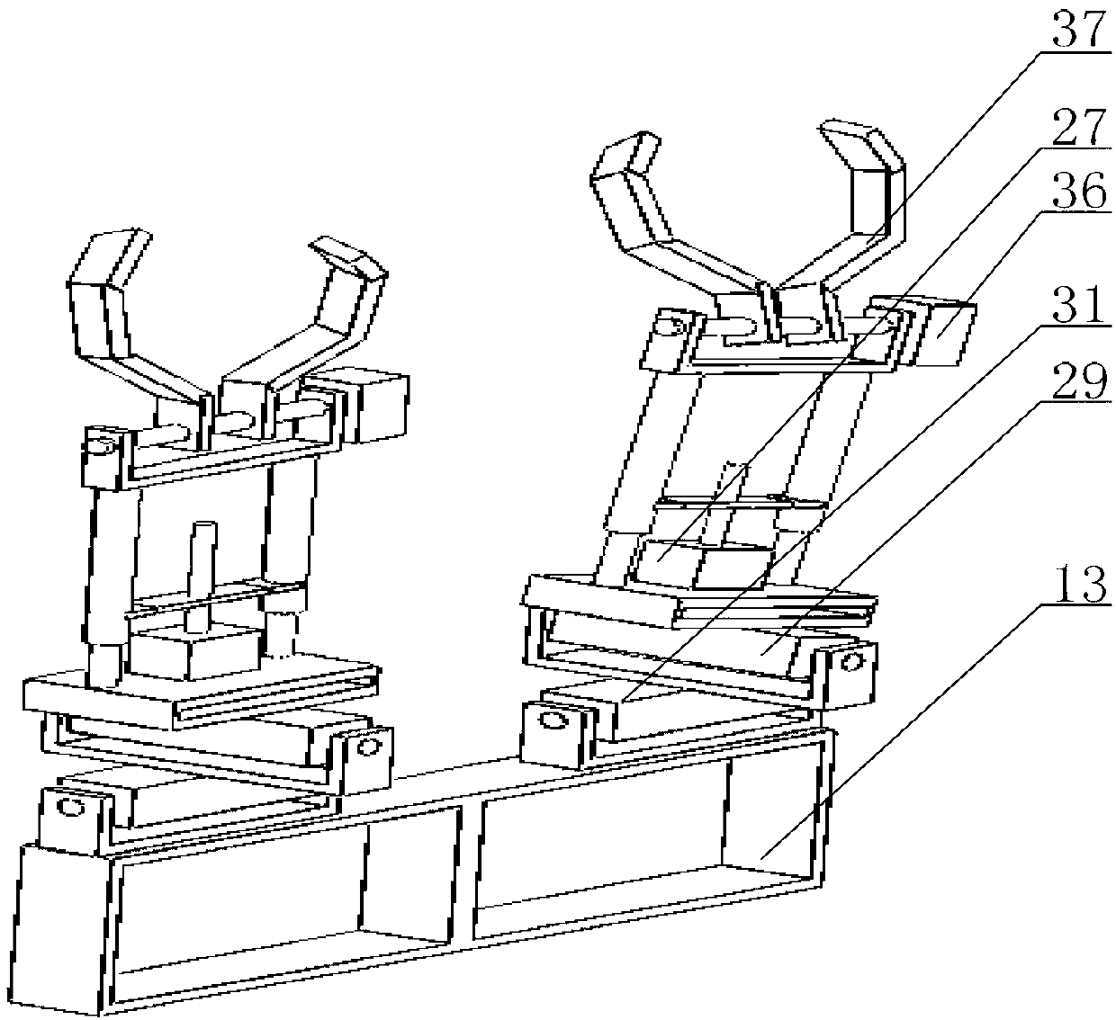 Overturning and climbing robot with two telescopic arms