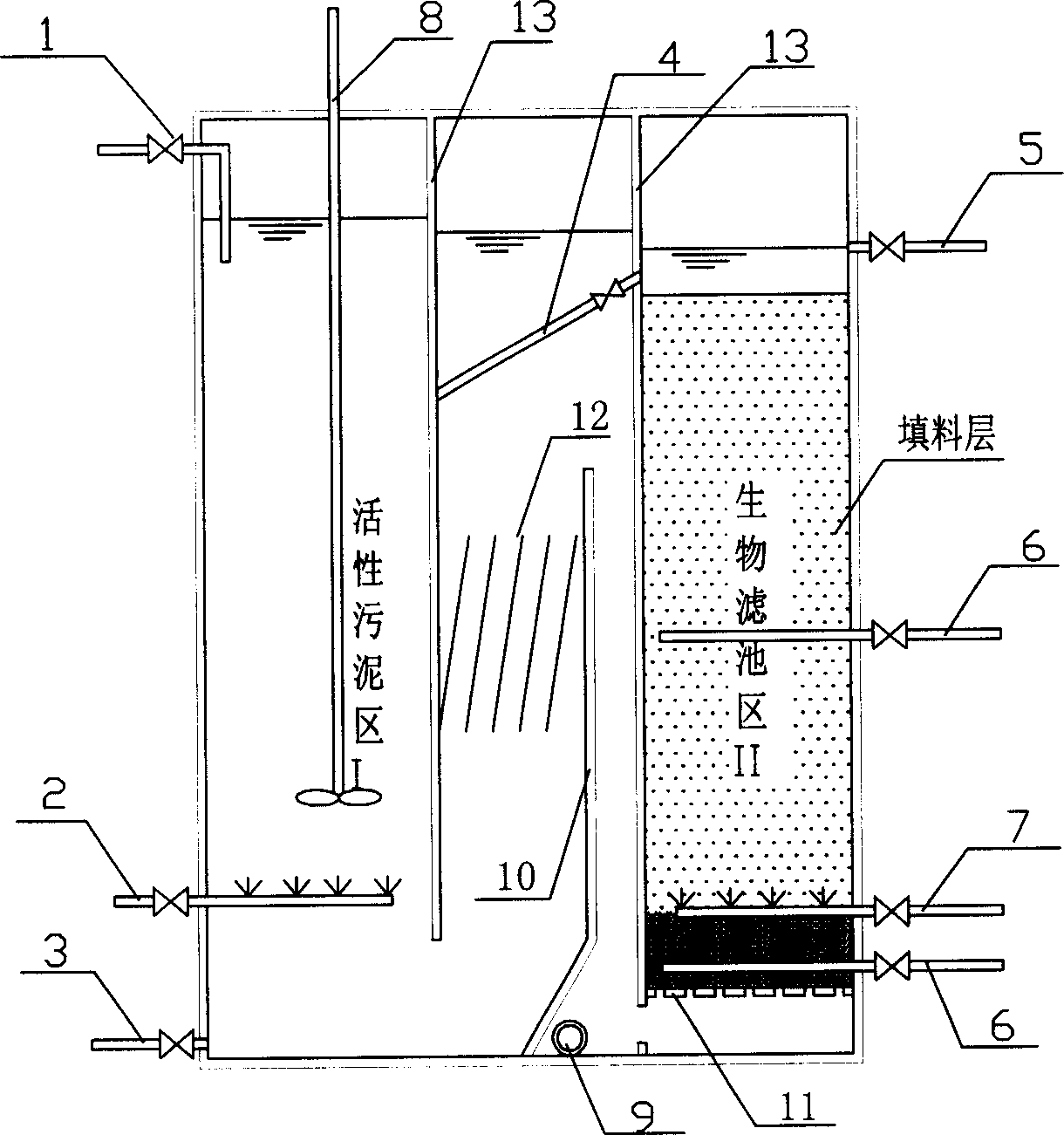 Sewage treatment method using active sludge-biological filtering pond revere flow and integral device