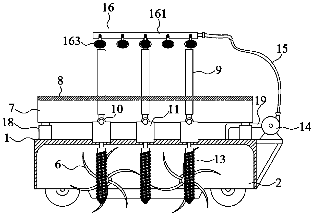 Root-cutting depth adjustable fruit tree root-cutting fertilizing and hilling integrated machine