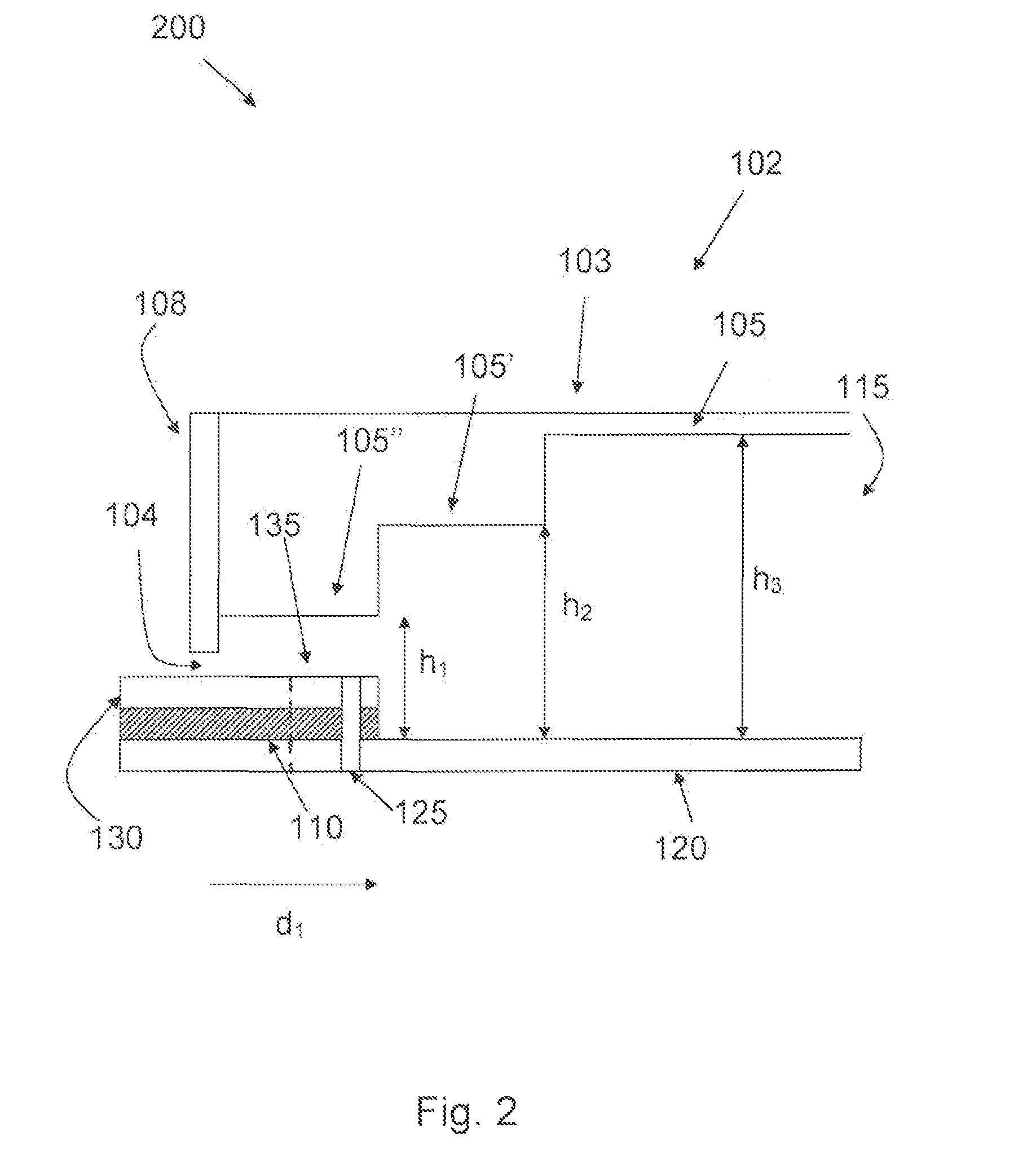 Transition between a microstrip protruding into an end of a closed waveguide having stepped sidewalls