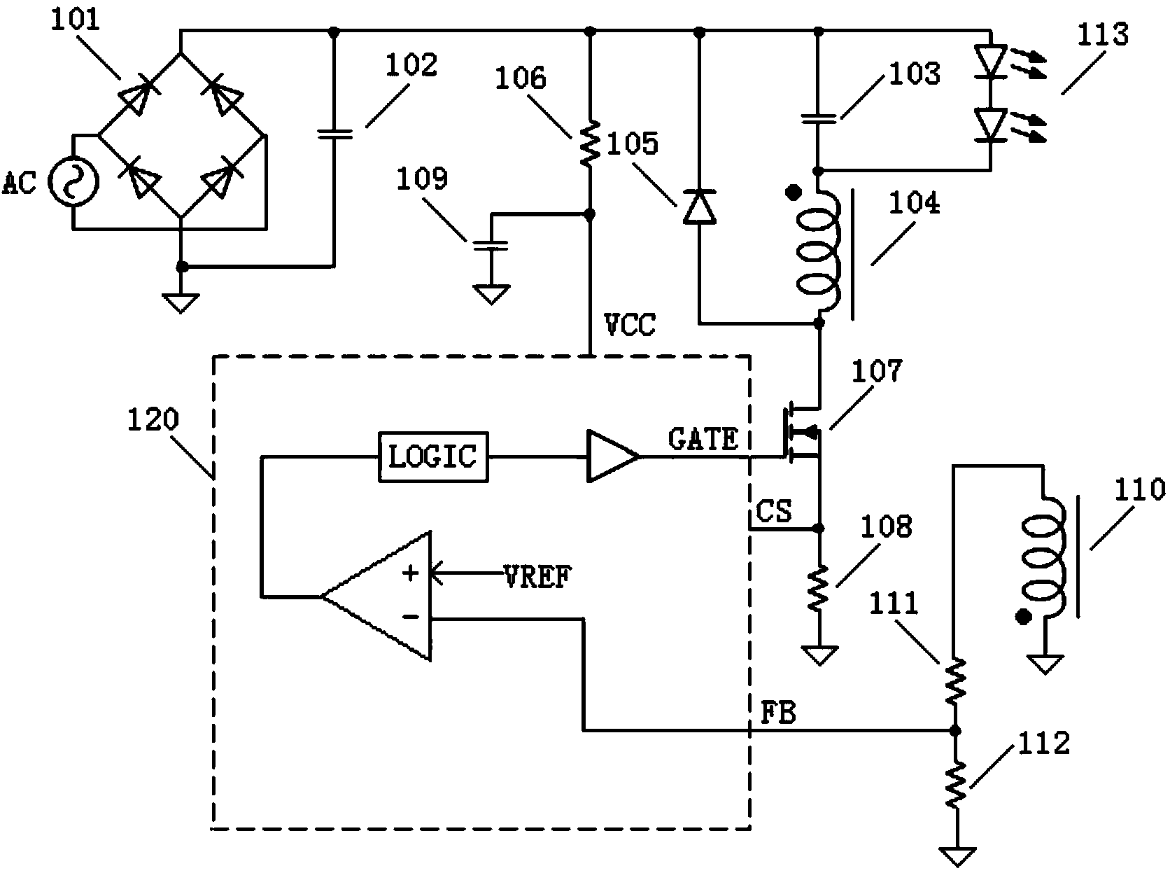 Overvoltage protective circuit in LED driving power supply without auxiliary winding