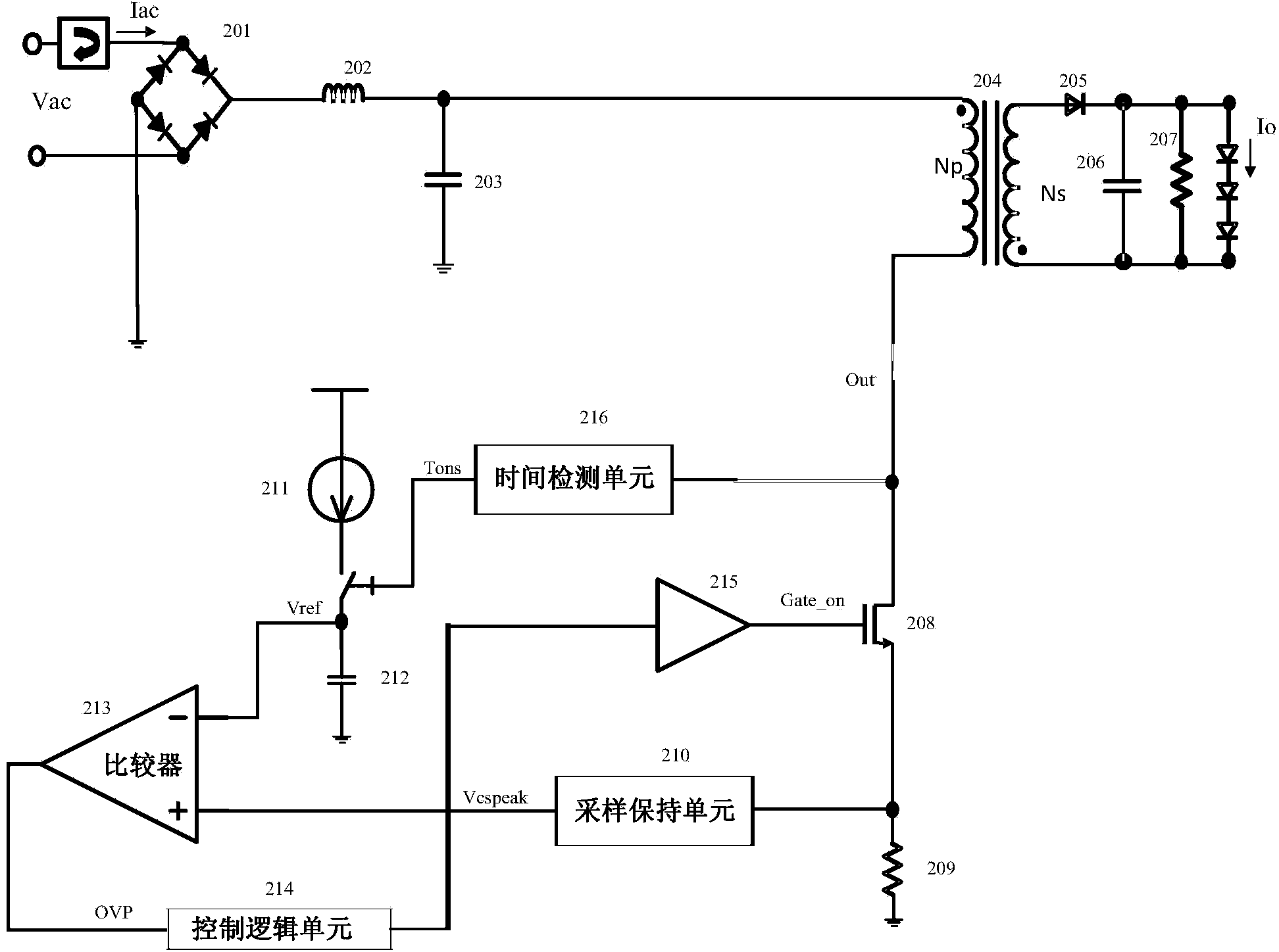 Overvoltage protective circuit in LED driving power supply without auxiliary winding