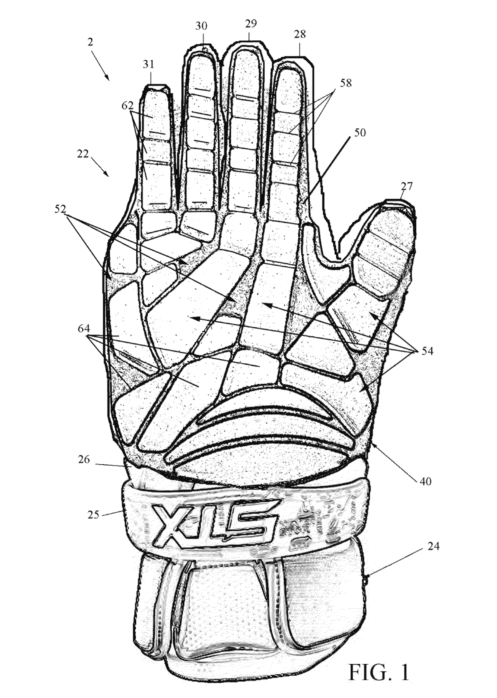 Stitchless dorsal padding for protective sports gloves and other protective gear