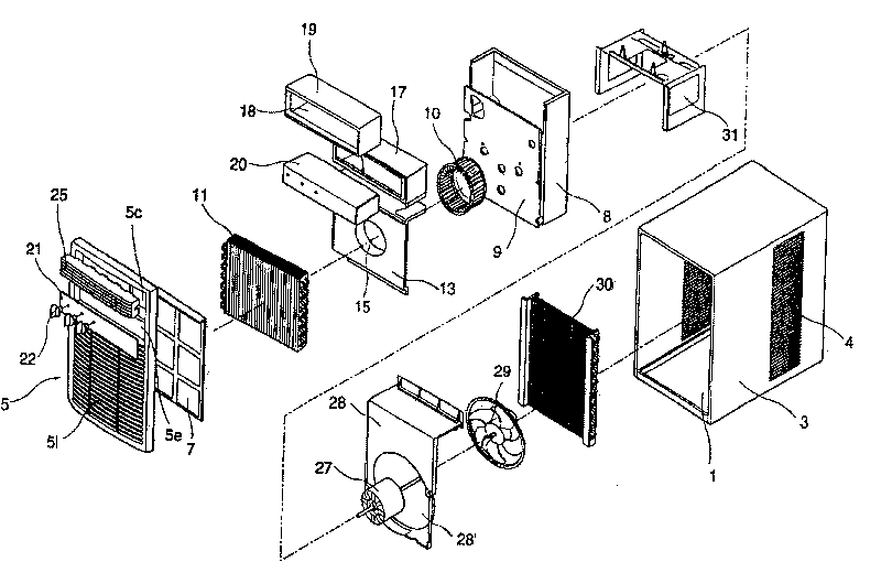 Partition plate and air flow arrangement for window type air conditioner