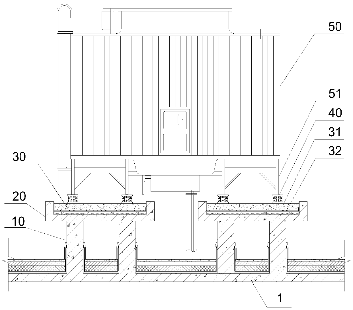 Roof cooling tower vibration and noise reduction base and construction method thereof