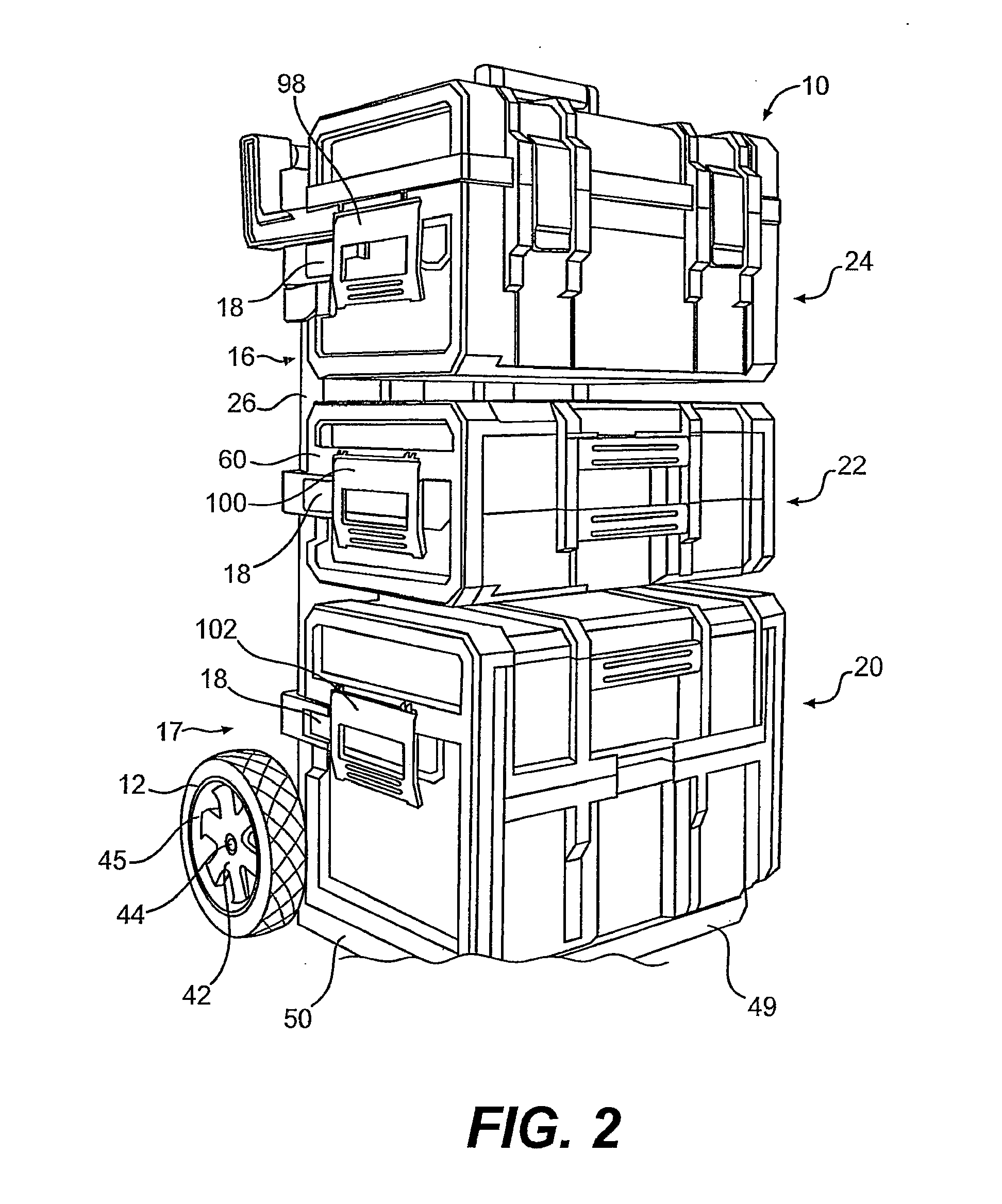 Rolling container assembly with adjustable storage units